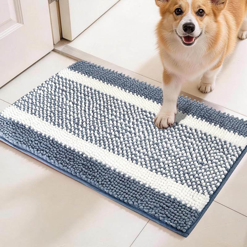 Tapete para Cães com Microfibra Chenille Absorvente e Lavável pobopobo, Cinza-Azul e Branco, 76,2 x 45,72 cm
