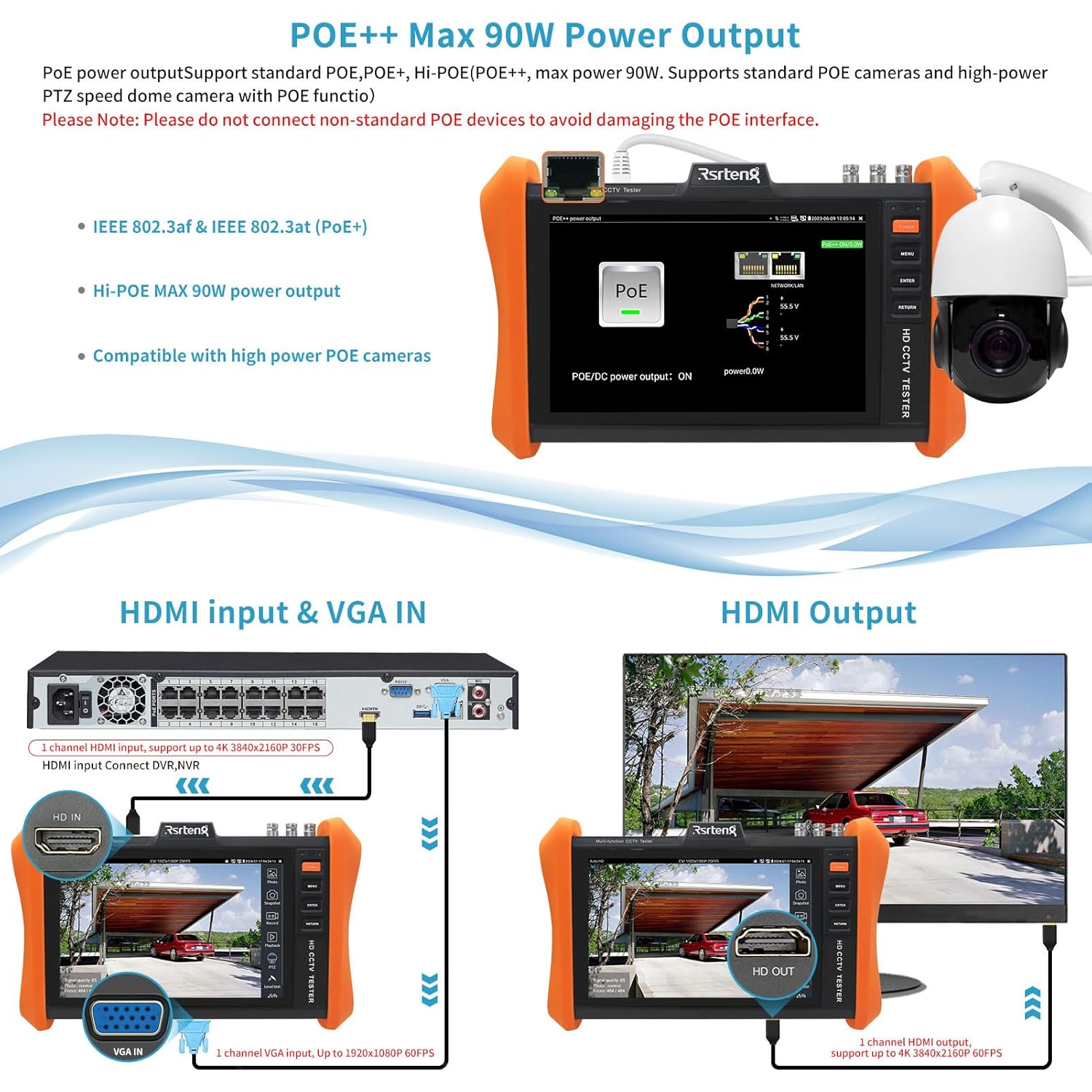 Rsrteng CCTV Tester 8K 32MP 12MP IP Camera Test,POE++ Max 90W Power Output POE Camera Test 8MP Auto HD TVI/CVI/AHD/SDI/CVBS Coaxial Tester