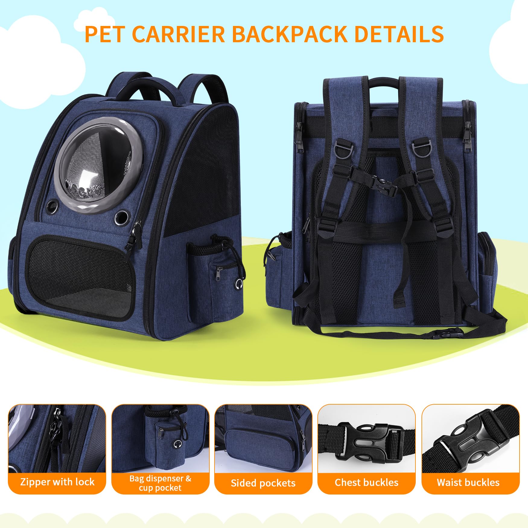 Bubble Cat Backpack Carrier, Expandable Cat Carrier Backpack,Breathable Pet Backpack for Medium Cat,Kitten and Small Puppy, Large Space,Portable Bags Foldable Dog Backpack for Traveling,Hiking (Blue) - image 7
