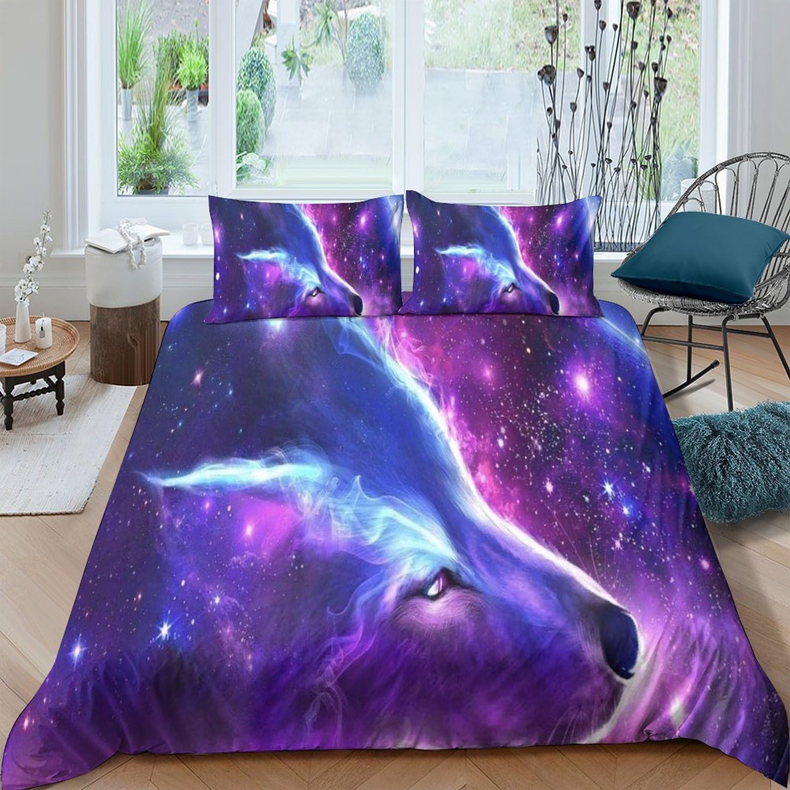 Ctjqhvkz Style-1 3D Printed Galaxy Wolf Fitted Sheet Microfiber Soft Purple Blue Cosmic Nebula Mattress Cover Bedroom Decor Single（135X200cm）
