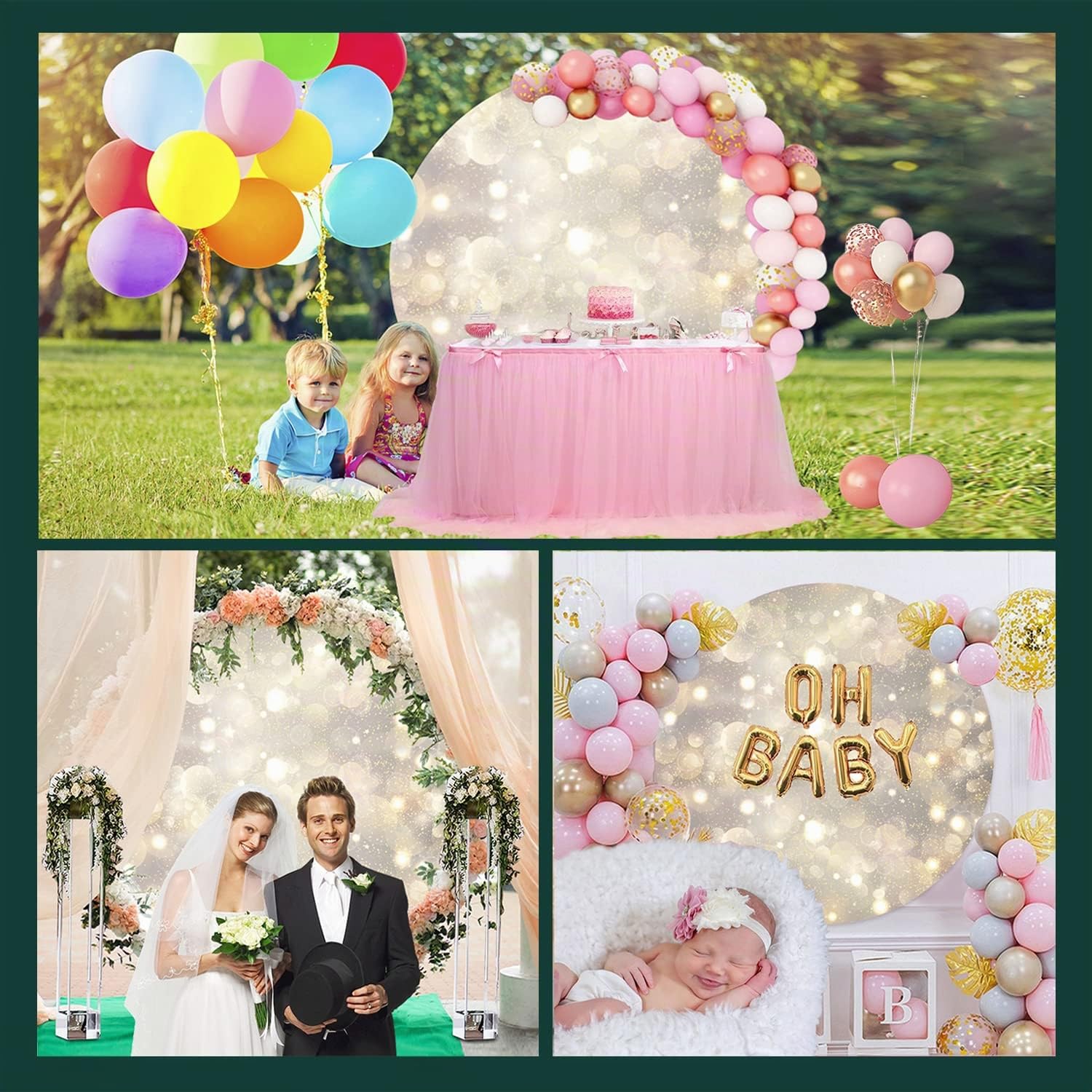 Diamètre 2m Luxe Anniversaire Toile de Fond Ronde Couvrir Briller Paillettes Blanc et Or Arrière-Plan de la Photographie pour Femme Fête d'anniversaire Bannière de Table à gâteaux