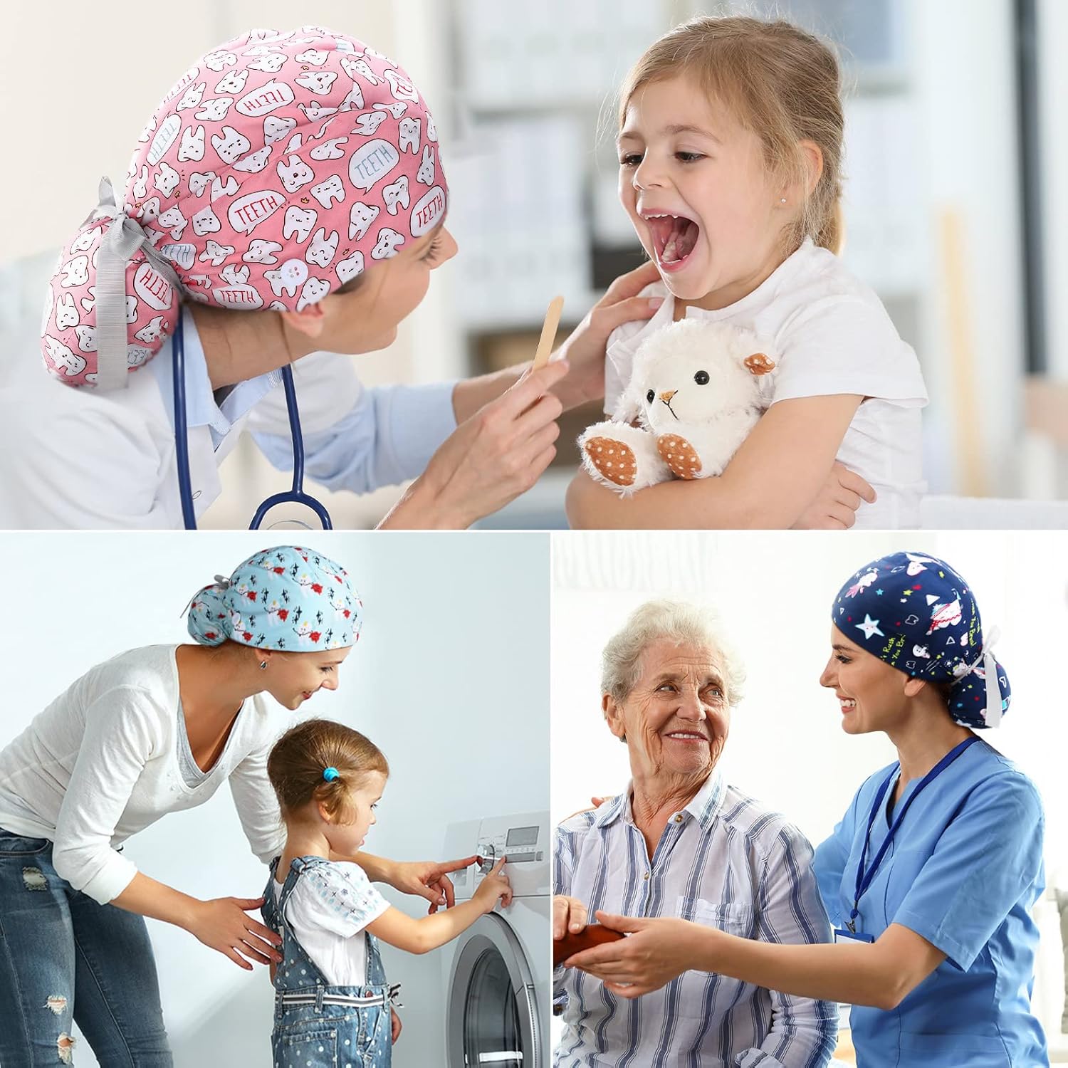 Honoson 6 Pcs Dental Scrub Caps Women Dentist Nursing Hats Adjustable Bouffant Nurse Hats Ponytail Turban Caps - Image 5