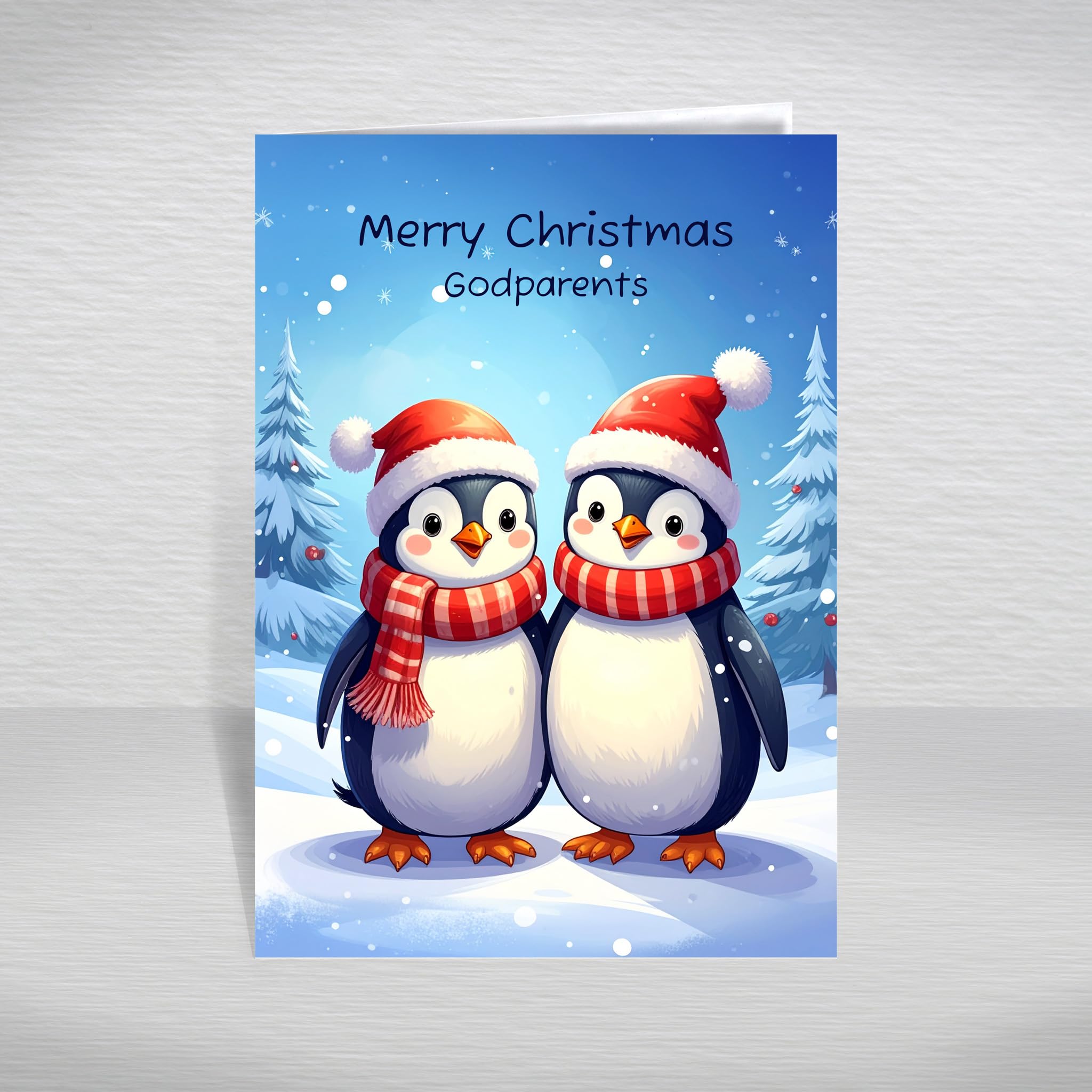 Christmas Card for Godparents – Cute Penguins in Santa Hats Snowy Scene, A5 Kids Greeting Card with a Fun Special Verse Inside: Godparents Christmas Card