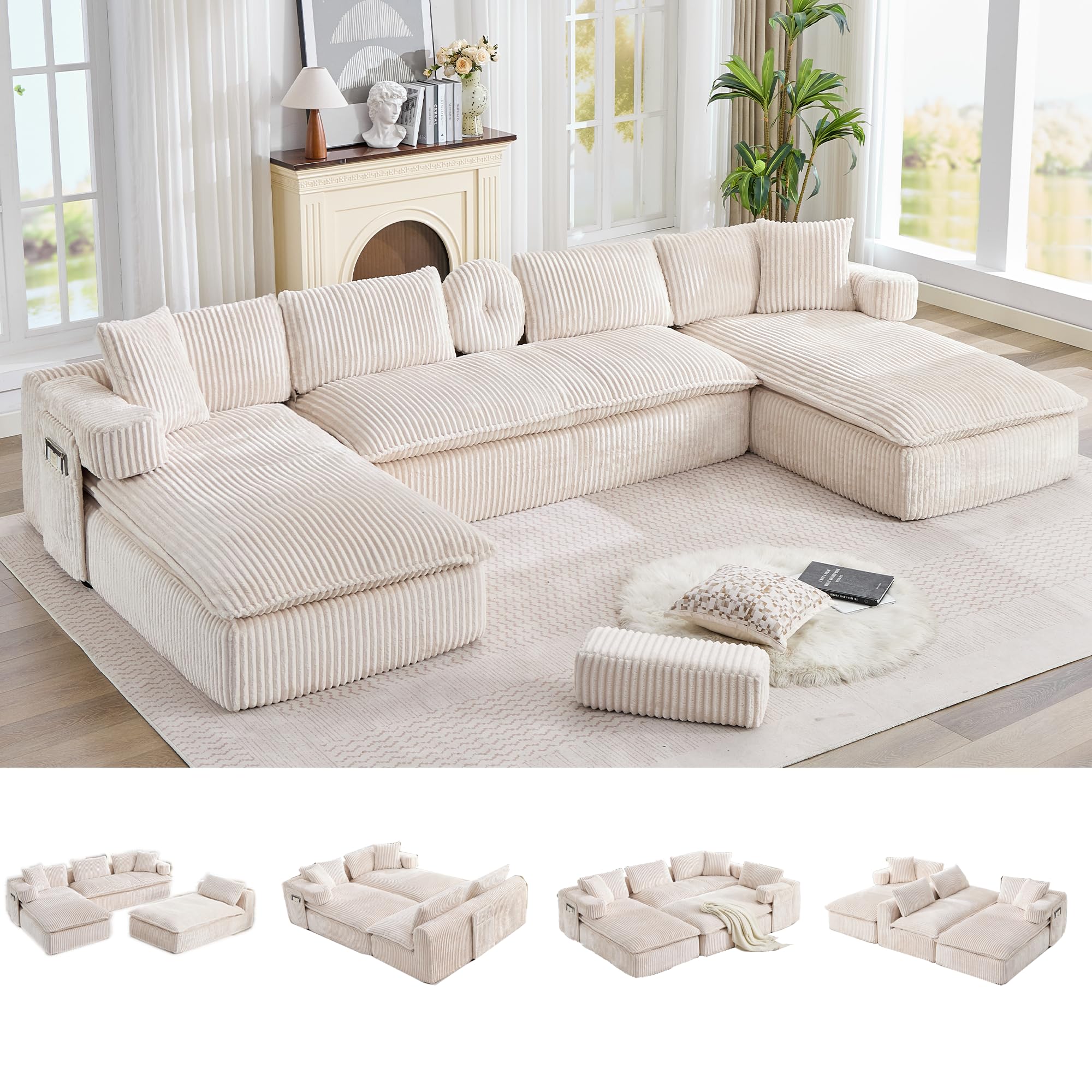 149" Oversized Cloud Boneless Couch with Chaise, Modern U Shape Modular Deep Seat Sectional Sofa, Comfy Corduroy Upholstered Couches for Living Room, No Assembly Required, Beige White