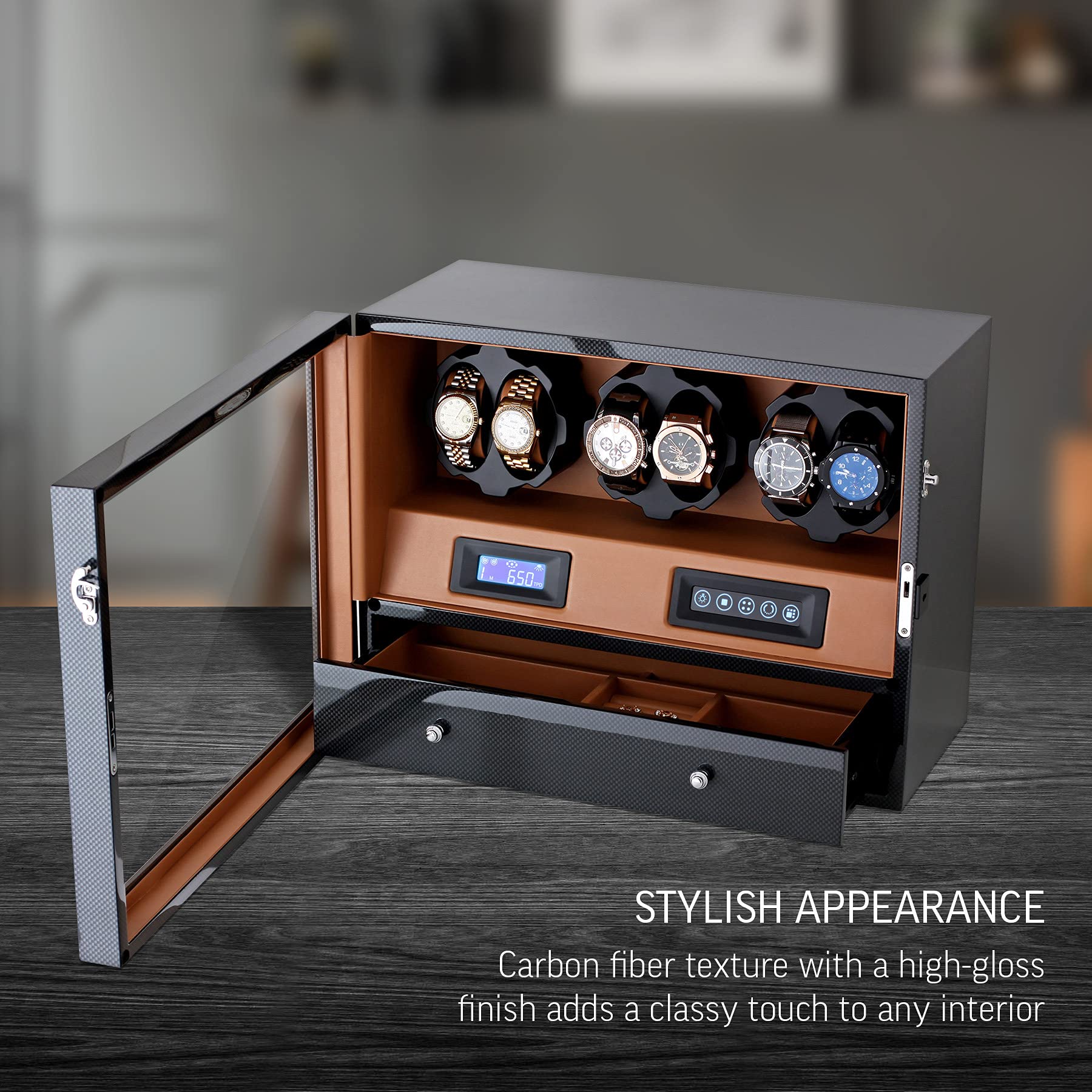 Automatic Watch Winder with 6 Storage Slots, LED Light and Automatic Motor-Stop Option (Carbon + Black)