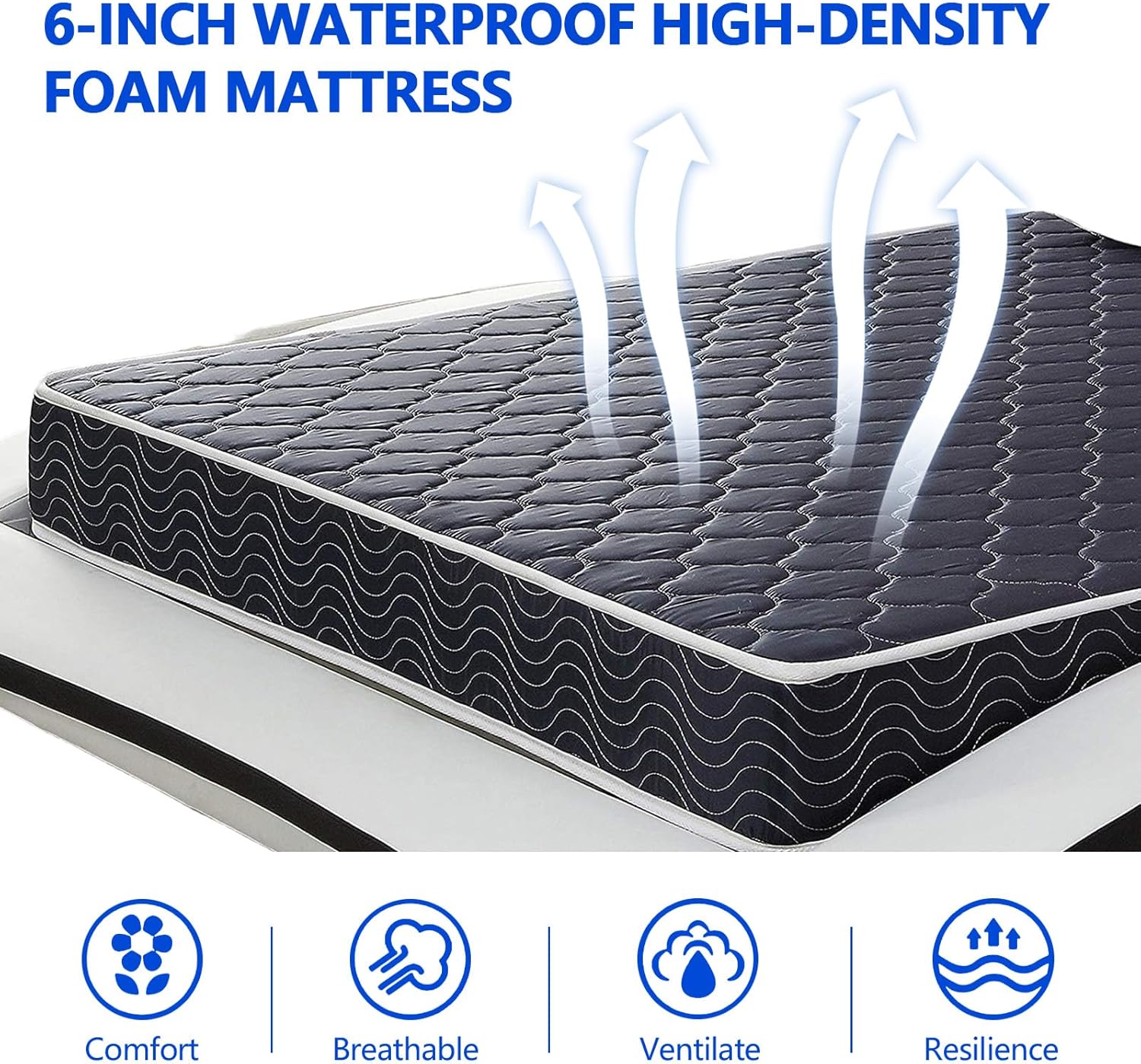 Twin Mattress Waterproof, 6 Inch Twin Mattress for Kids & Adults, Made in USA with Diamond-Quilted Breathable Fabric, Medium Firm Feel, Navy Blue (Twin)