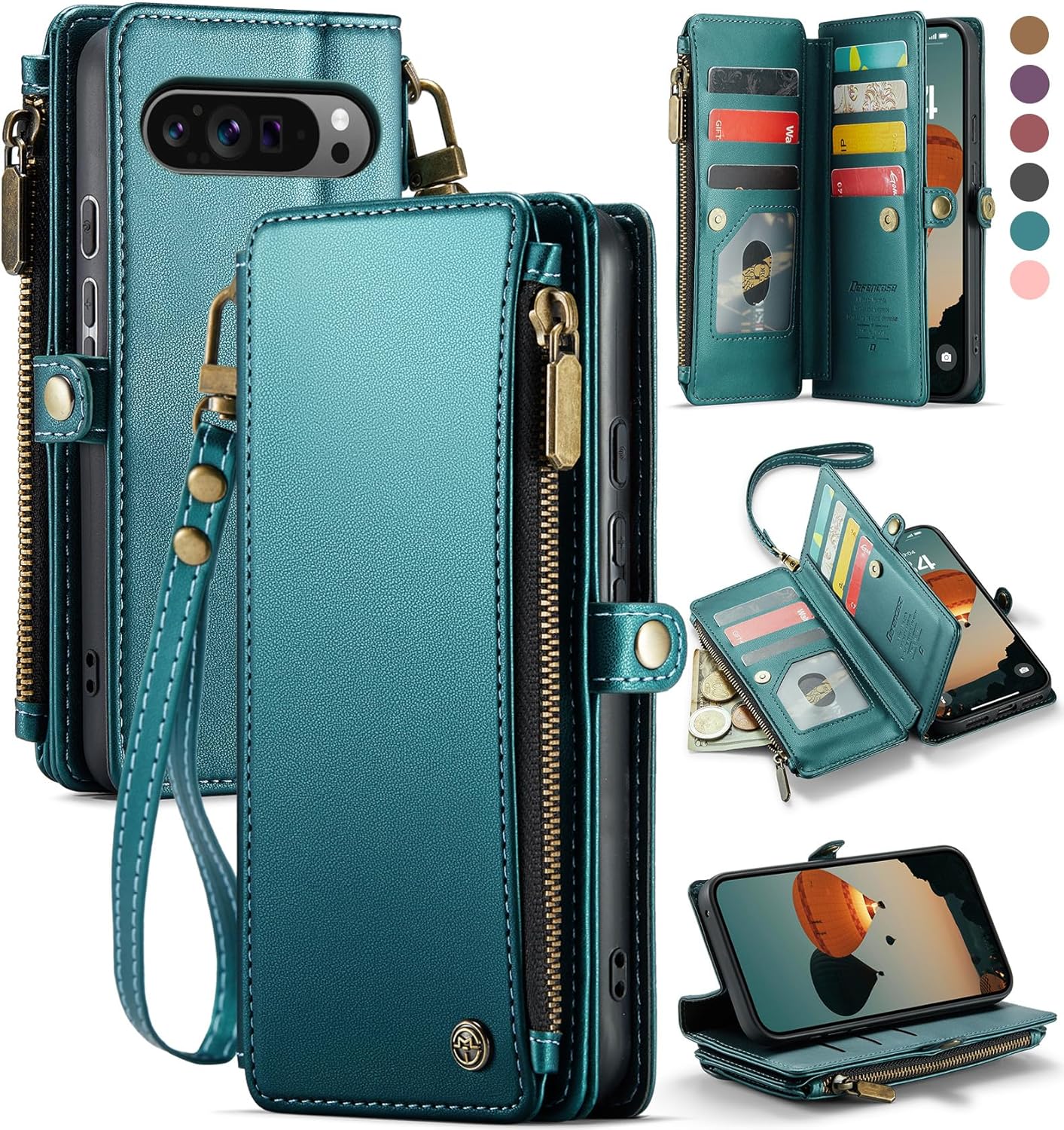 Defencase for Google Pixel 10/Pro Case, RFID Blocking Wallet Case for Pixel 10 & 10 Pro Soft PU Leather Magnetic Snap Flip Zipper Strap Card Holder Phone Cases for Women Men, Blue Green