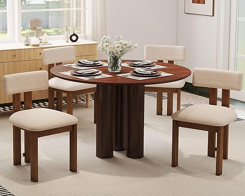 Miniatura 6 de HNY Modern Farmhouse Linen Dining Chairs Set of 6, Beige Fabric Upholstered Dining Room Kitchen Chairs with Natural Wood Frame & Curved-Back,