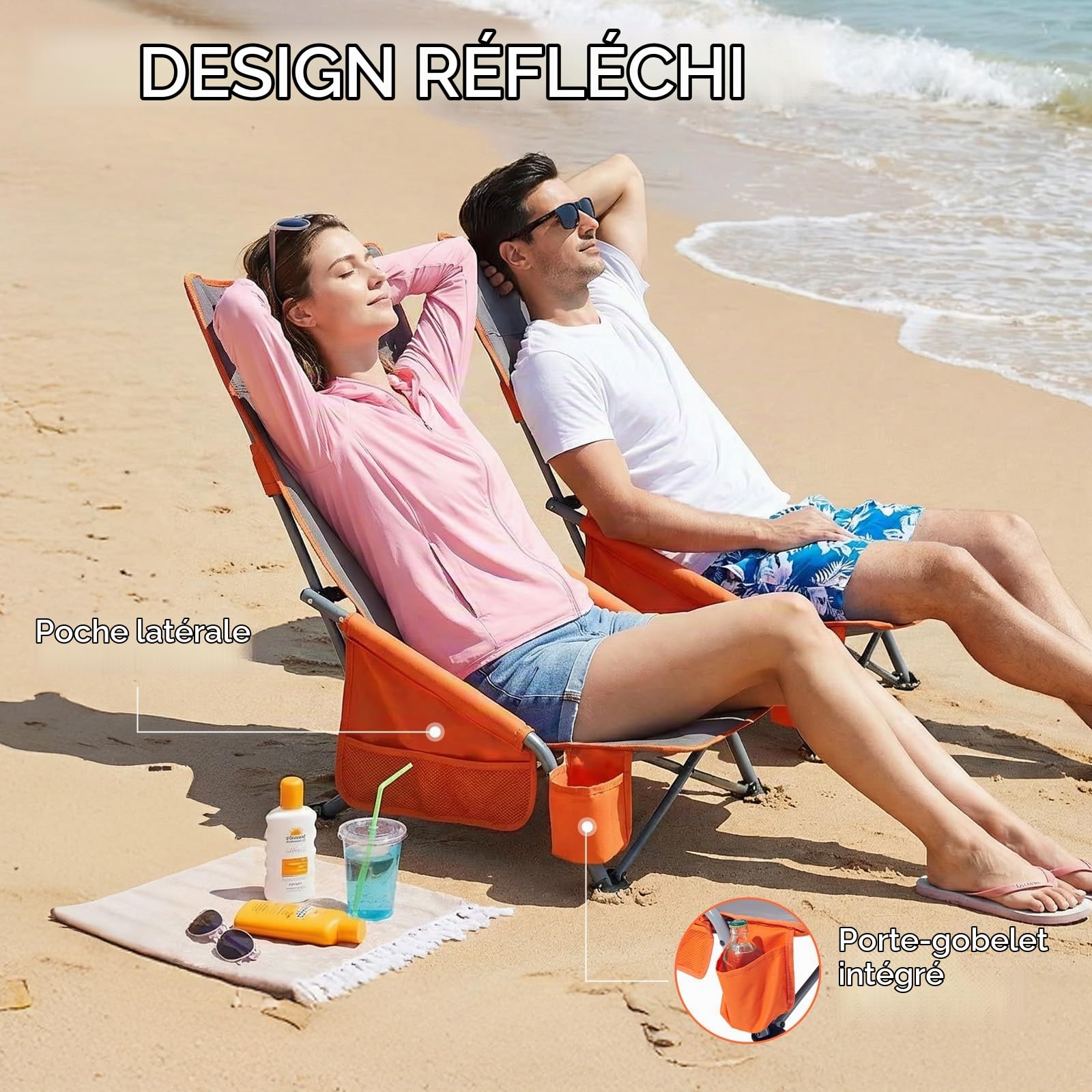 Portal Lot de 2 chaises de plage à dossier haut légères et portables pour adultes, siège de plage, festival, pique-nique, sac à dos, chaise longue pliable avec porte-gobelet, maille respirante, 150 kg