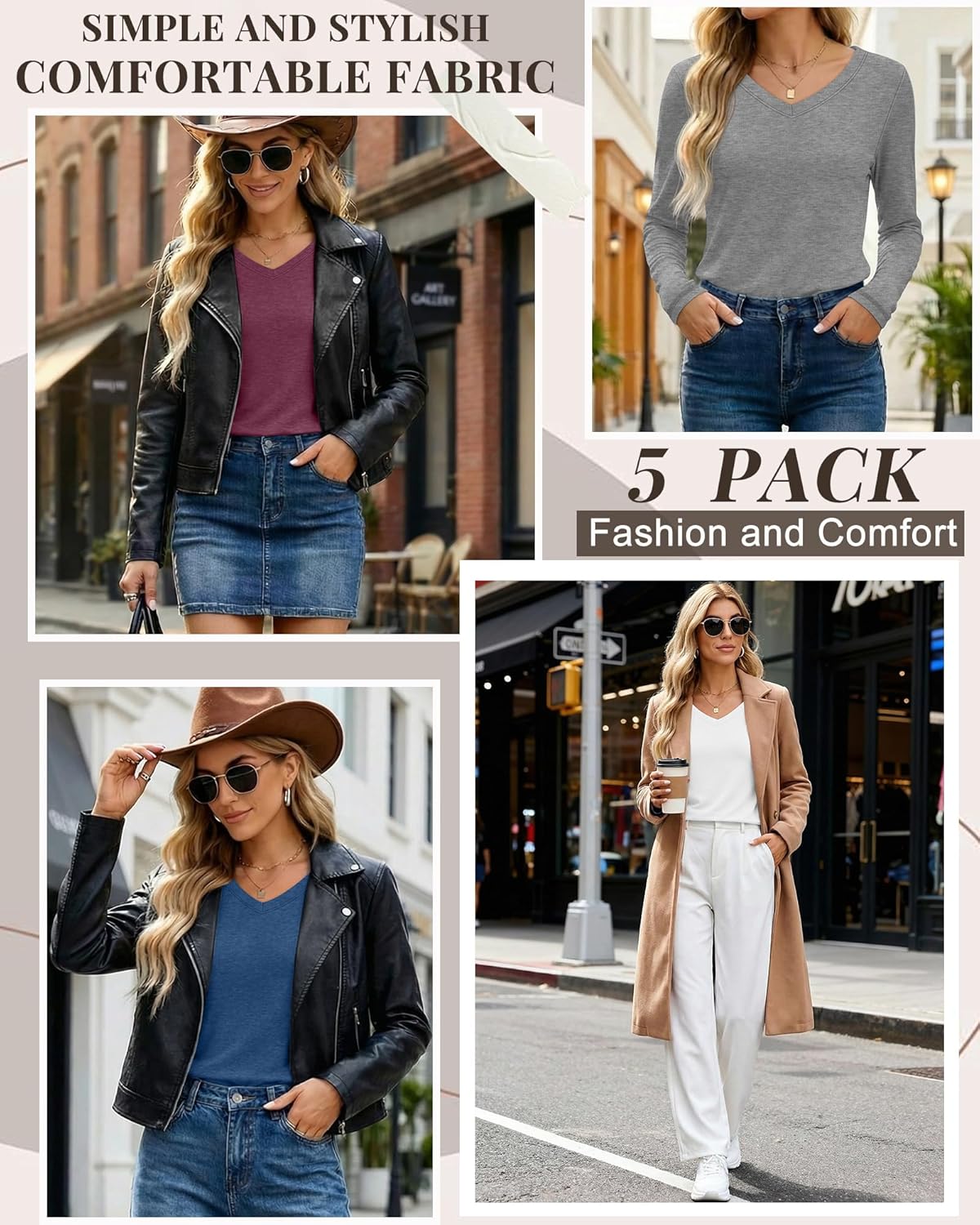 Neer 5 Pack Women's Long Sleeve Shirts, V Neck Tops Loose Fit Basic Tees Solid Trendy Fall Casual Blouses - Image 3
