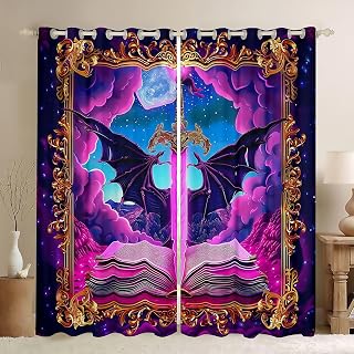 Manfei Magic Sword Window Curtains,Mysterious Book Starry Sky Window Curtains,Fantasy Game Psychedelic Boys Girls Room Decor,Purple 2 Panels,52Wx90L inch