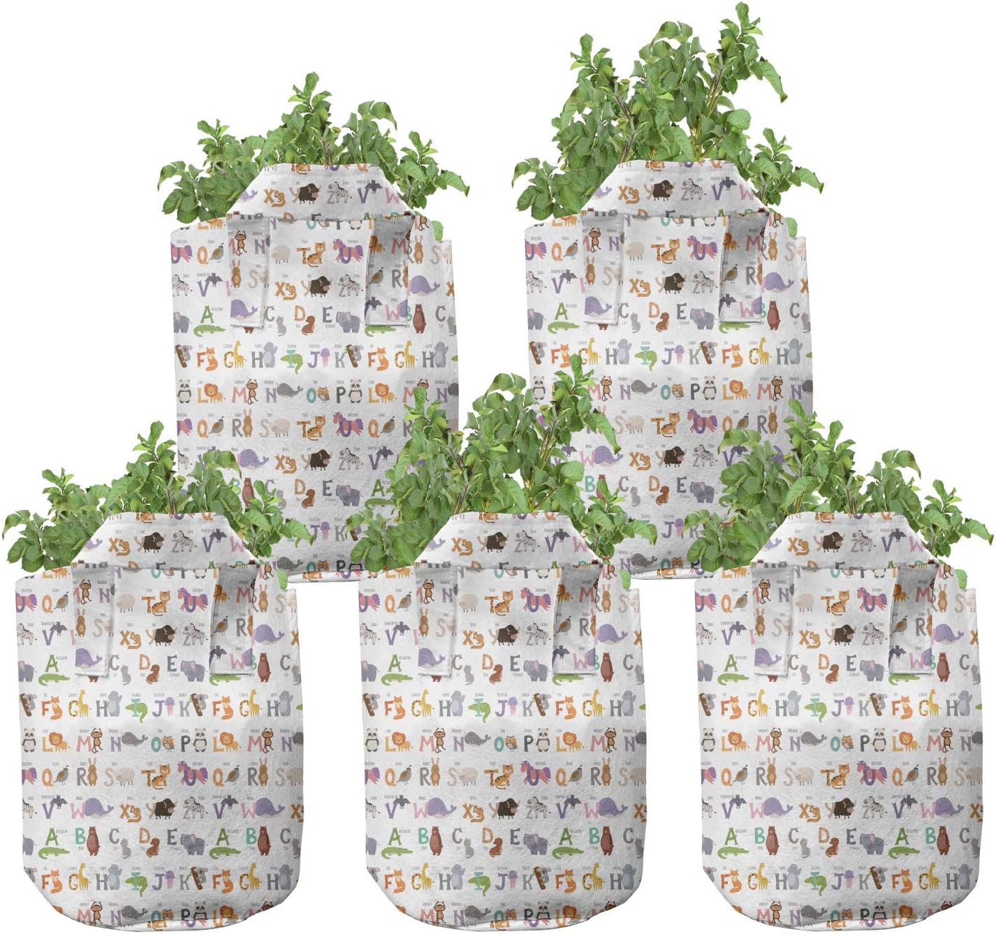 Ambesonne Alphabet Grow Bags 5-Pack, Animals and First Letters, Heavyduty Fabric Pots with Handles for Plants, Multicolor