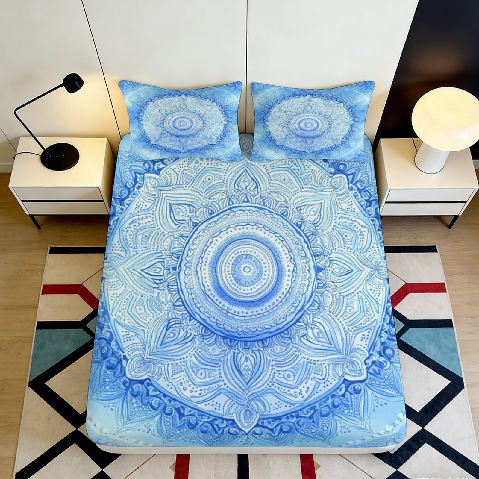 3D Printed Blue Mandala Fitted Sheet Microfiber Soft Durable Lotus Pattern Bed Cover for Bedroom Dormitory Guest Room Mattress Protection 200x200x25cm