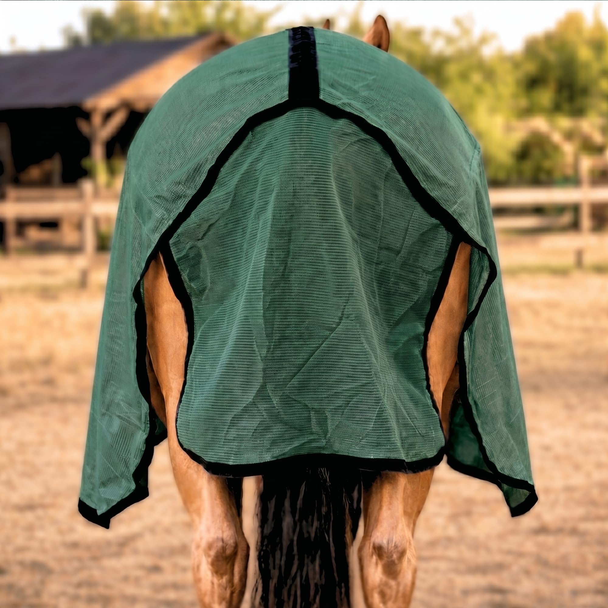 RESISTANCE Sábana para moscas de caballo con cubierta para el cuello y envoltura para el vientre, ligera, transpirable, protección UV, para caballos, color plateado, tamaños de 68 a 82 pulgadas (verde