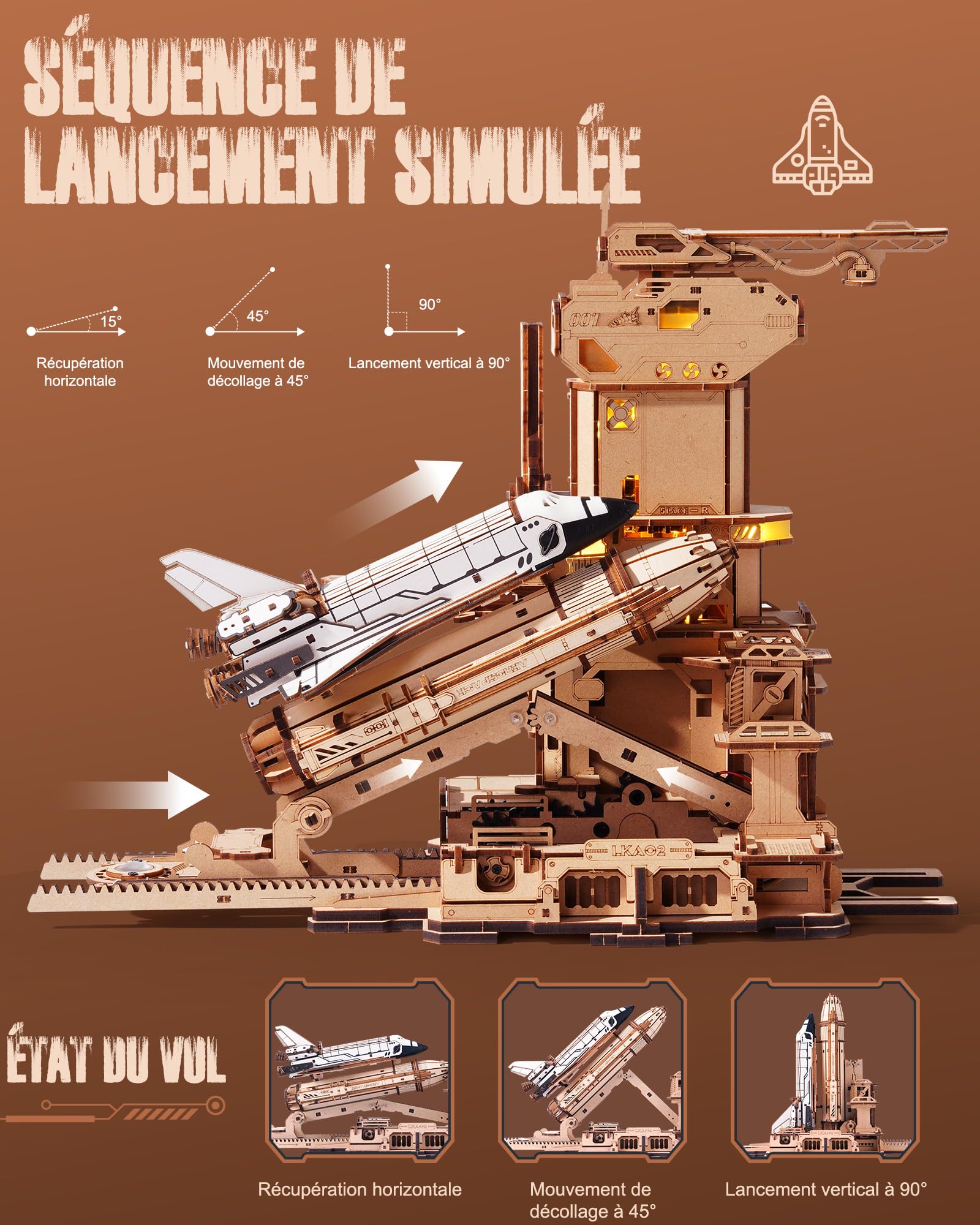 ROBOTIME Navette Spatiale en Bois avec Base de Lancement, LKA02 | 446 pièces · Levage & retour motorisés · Échelle 1:420 · Câble Type-C 5 V requis