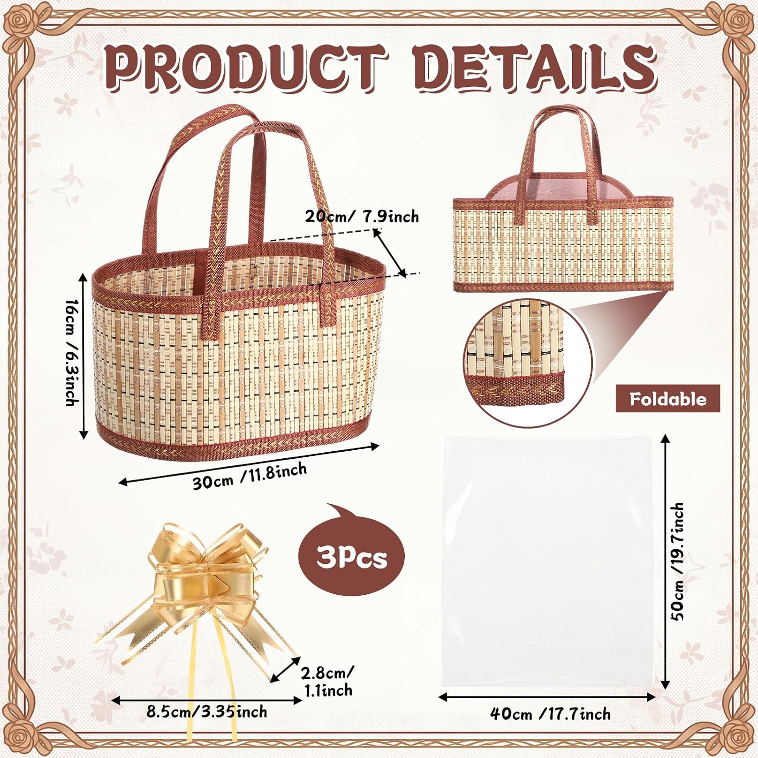 Reallnaive 3 Set Gift Basket Empty Woven Bamboo Storage Baskets with Clear Gift Bags Pull Bows Ribbon Foldable DIY Gifts Basket Kit with Handle for Baby Shower Housewarming