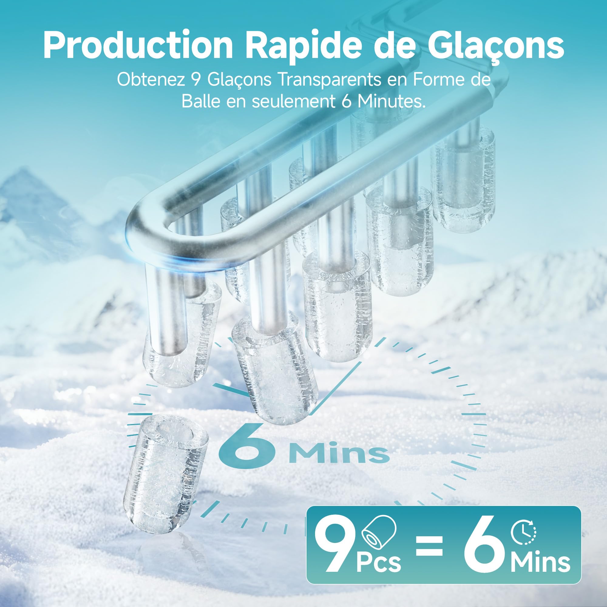 EUHOMY Machine à glaçons compacte - 9 glaçons prêts en 6 minutes - 12 kg/jour - Autonettoyante Avec poignée de transport, panier et pelle - 2 tailles de glaçons - Pour maison, cuisine, Bureau,argent