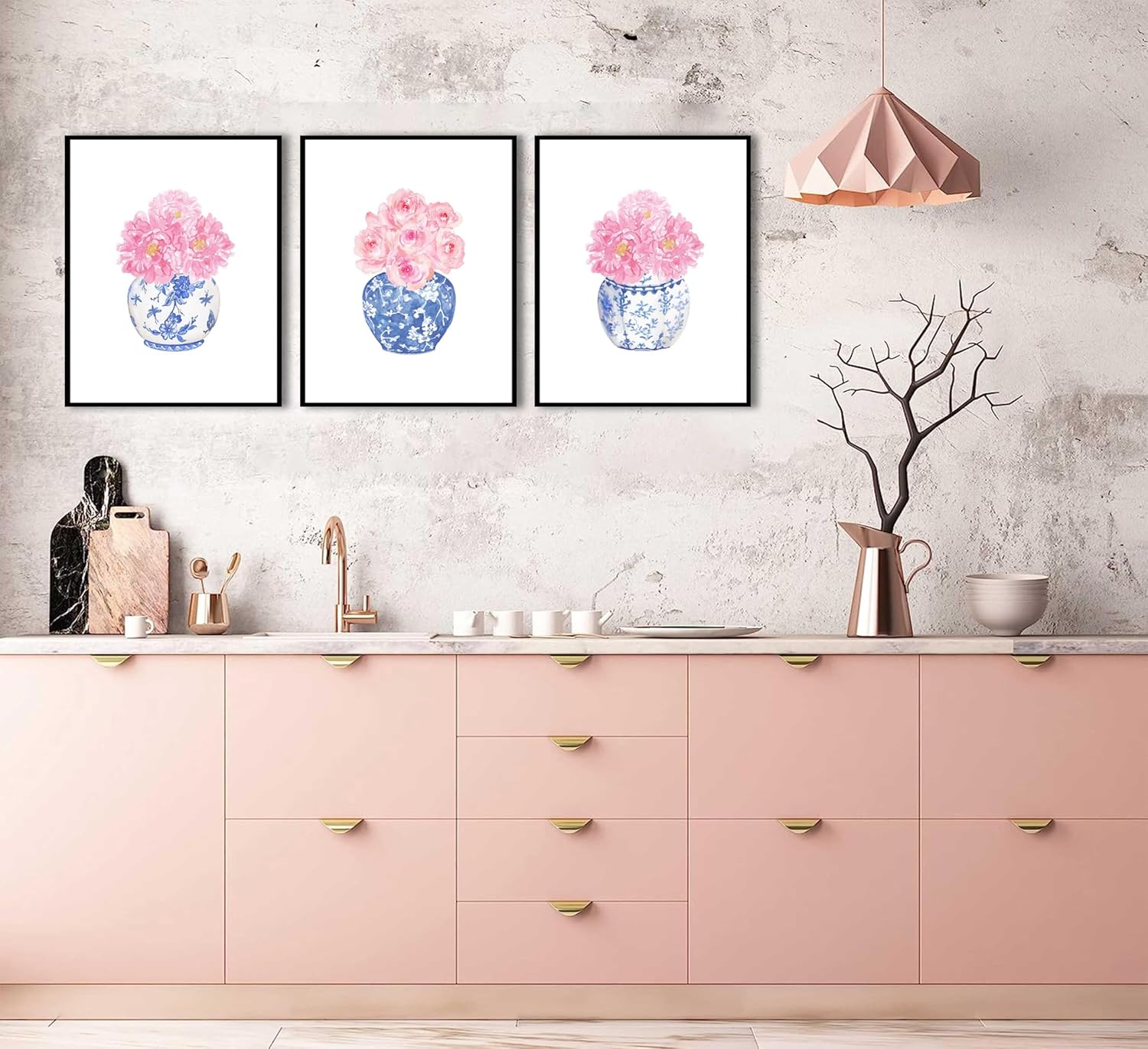 3Pcs Pink Peonies Watercolor Wall Art Rose Floral Porcelain vase Painting Pictures Chinoiserie Blue and White Vase Canvas Prints Wall Decor For College Style Bedroom Aesthetic Posters Unframed