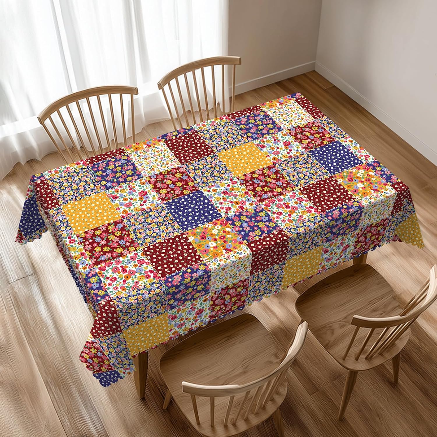 Boho Floral Patchwork Table Cloth for Dining Tables, Reusable Country Garden Fall Flowers Plaid Patchwork Tablecloths Decoration Rectangle Table Cover for Kitchen,Holiday,Party, 54x72 Inch