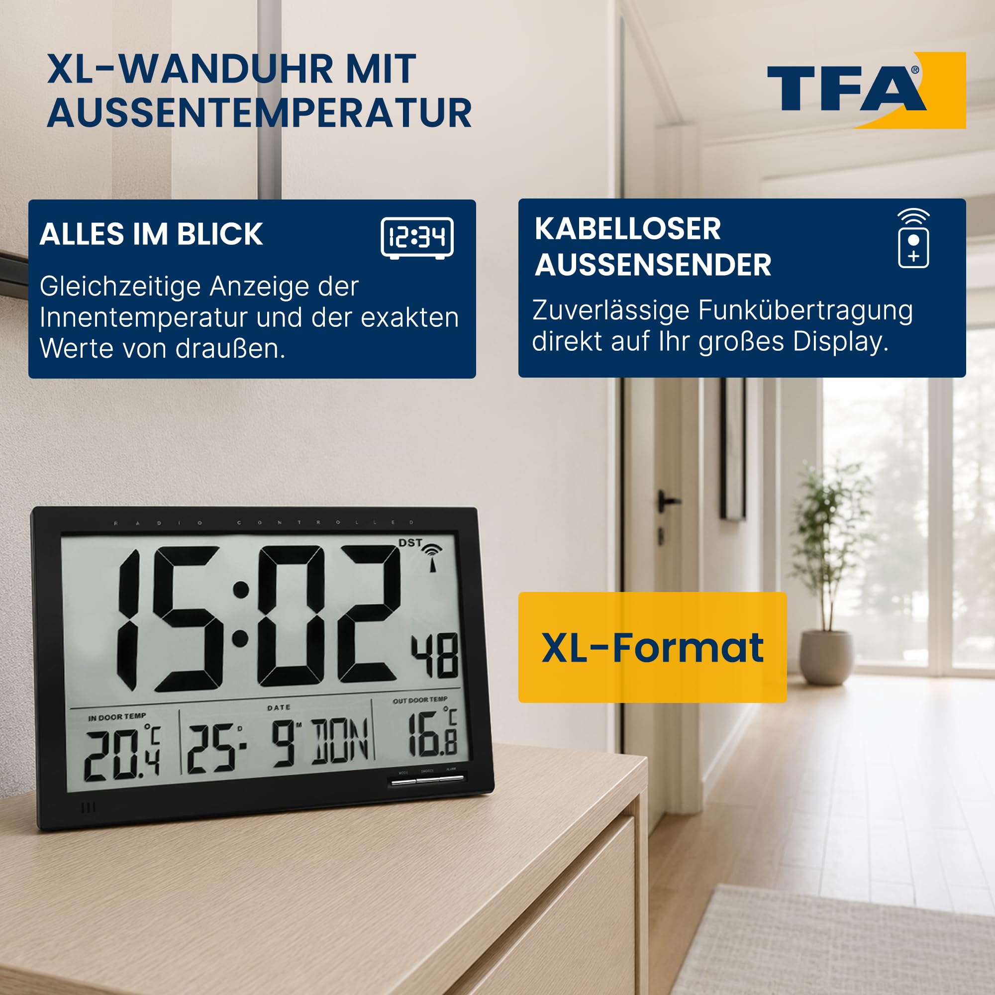 TFA Dostmann Digitale XL-Funkuhr, mit Außen-und Innentemperatur, Wanduhr, gut ablesbar, schwarz, 60.4510, L 370 x B 29 (90) x H 230 mm, 60.4510.01