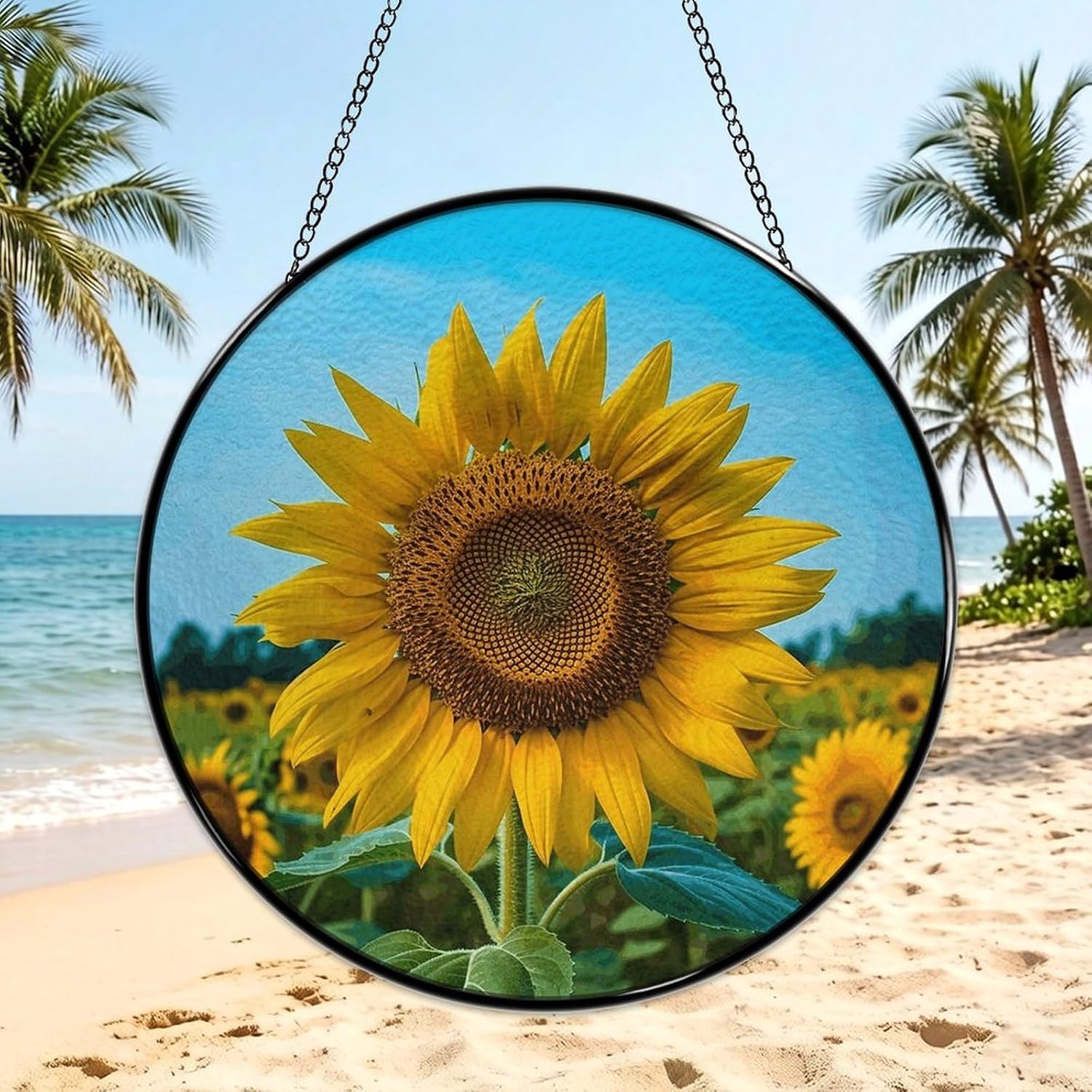 30x30cm Round Stained Glass Suncatcher for Window Hanging Decor with Chain