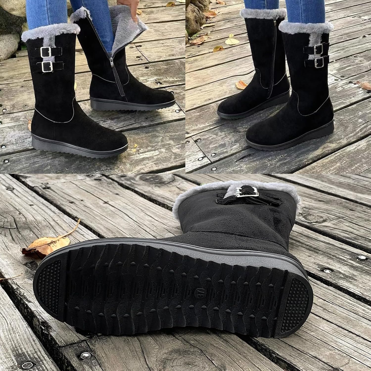 Women's Thickened Warm Lining Slip Resistant Mid Calf Boots, Winter Outdoor Fur Trim Wedge Snow Boots with Side Zipper