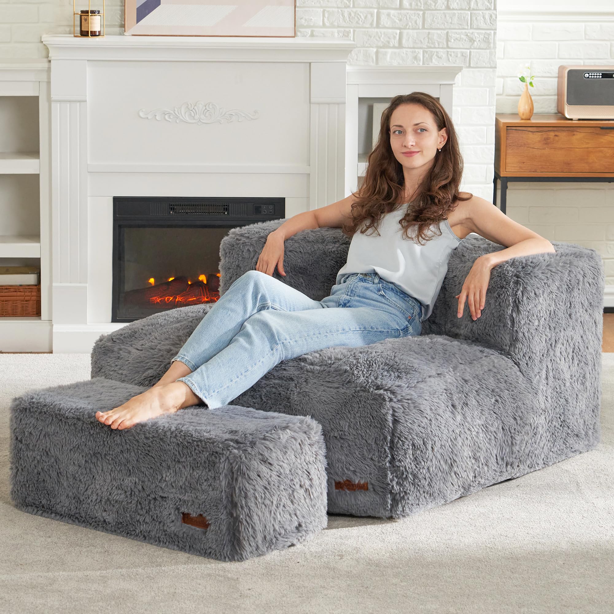 Hobestluk Big Bean Bag Chairs with Ottoman Large Bean Bag Chair for Adults Plush BeanBag Foam Chair Lazy Sofa with Footstool for Living Room, Bedroom, Apartment(Grey)