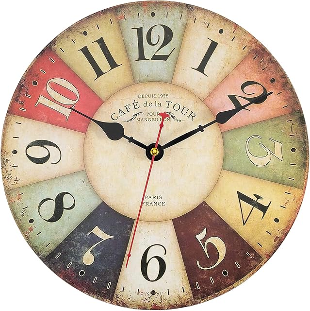 Foxtop Vintage Wall Clock, 30cm France Country Tuscan Style Wooden Clock with Large Arabic Numerals, Non-Ticking Battery Operated Silent Clock for Living Room Bedroom Kitchen Farmhouse Hotel Cafe