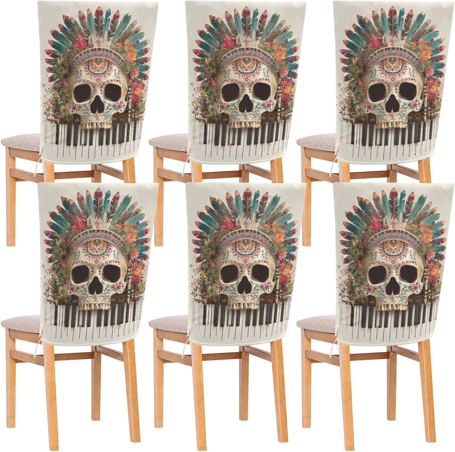 ALAZA Music Piano Keys and Boho Skull Chair Back Cover Set of 6, Washable Reusable Removable Chair Slipcovers Decorative Chair Cover for Home Kitchen Wedding Party