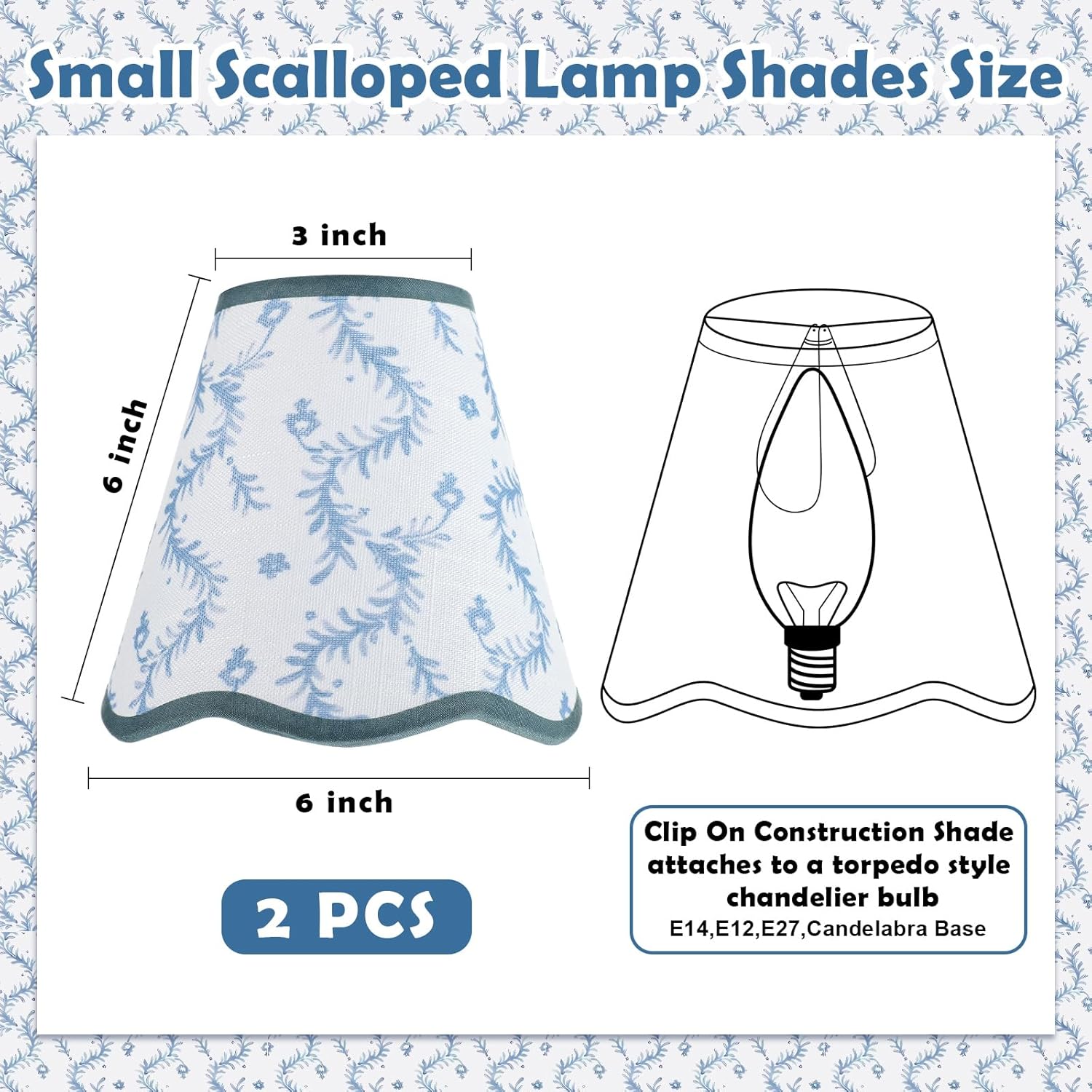 VIHOSE 2 Pcs Small Scalloped Lamp Shades Chandelier Lamp Shades 3 x 6 x 6 Inch Blue and White Linen Fabric Mini Scallop Lampshades with Trim Natural Tapered Lampshades for Wall Sconce Pendant Light