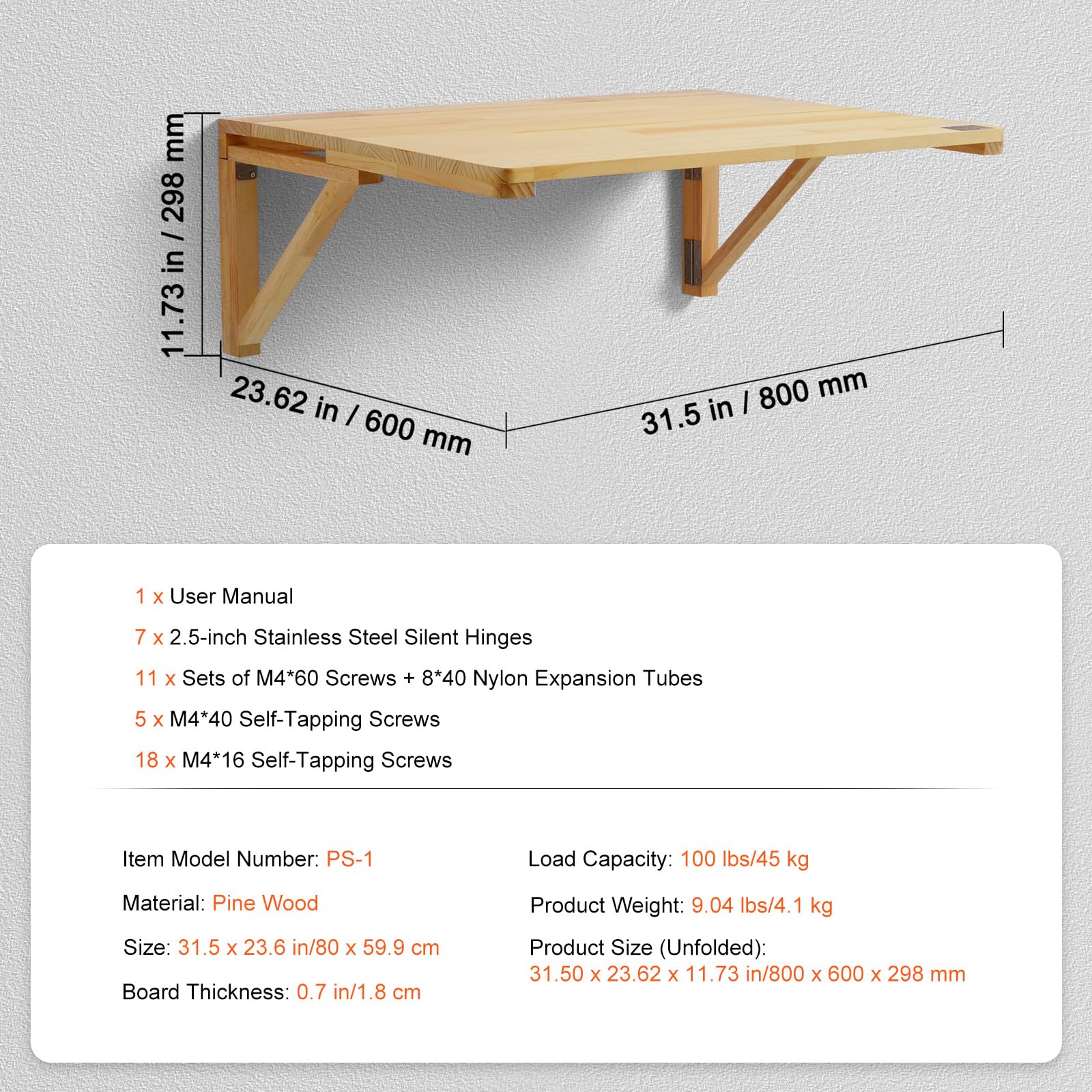 VEVOR Mesa Plegable de Pared, 800 x 600 x 298 mm, Escritorio Flotante de Madera con Soporte de Hierro, Mesa Plegable para Espacios Pequeños, Oficina en Casa, Comedor, Cuarto de Lavado, Cocina, Bar
