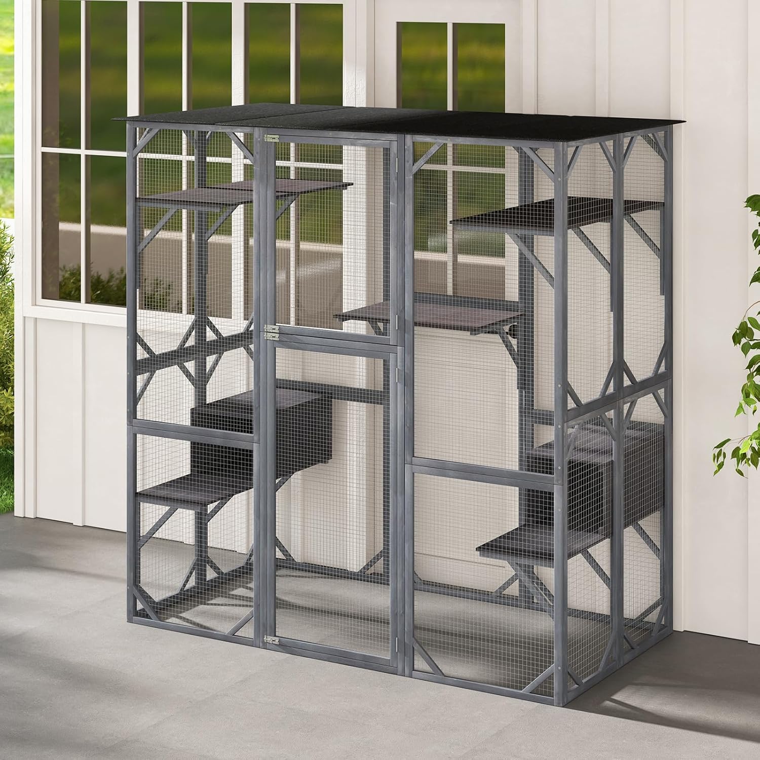 PETSITE Large Wooden Cat House, 71 Inch Tall Outdoor Catio Kitten Enclosure w/Weatherproof Asphalt Roof, Walk-in Cat Kennel Condo, Indoor Cat Cage Playpen with 7 Platforms & 2 Resting Boxes