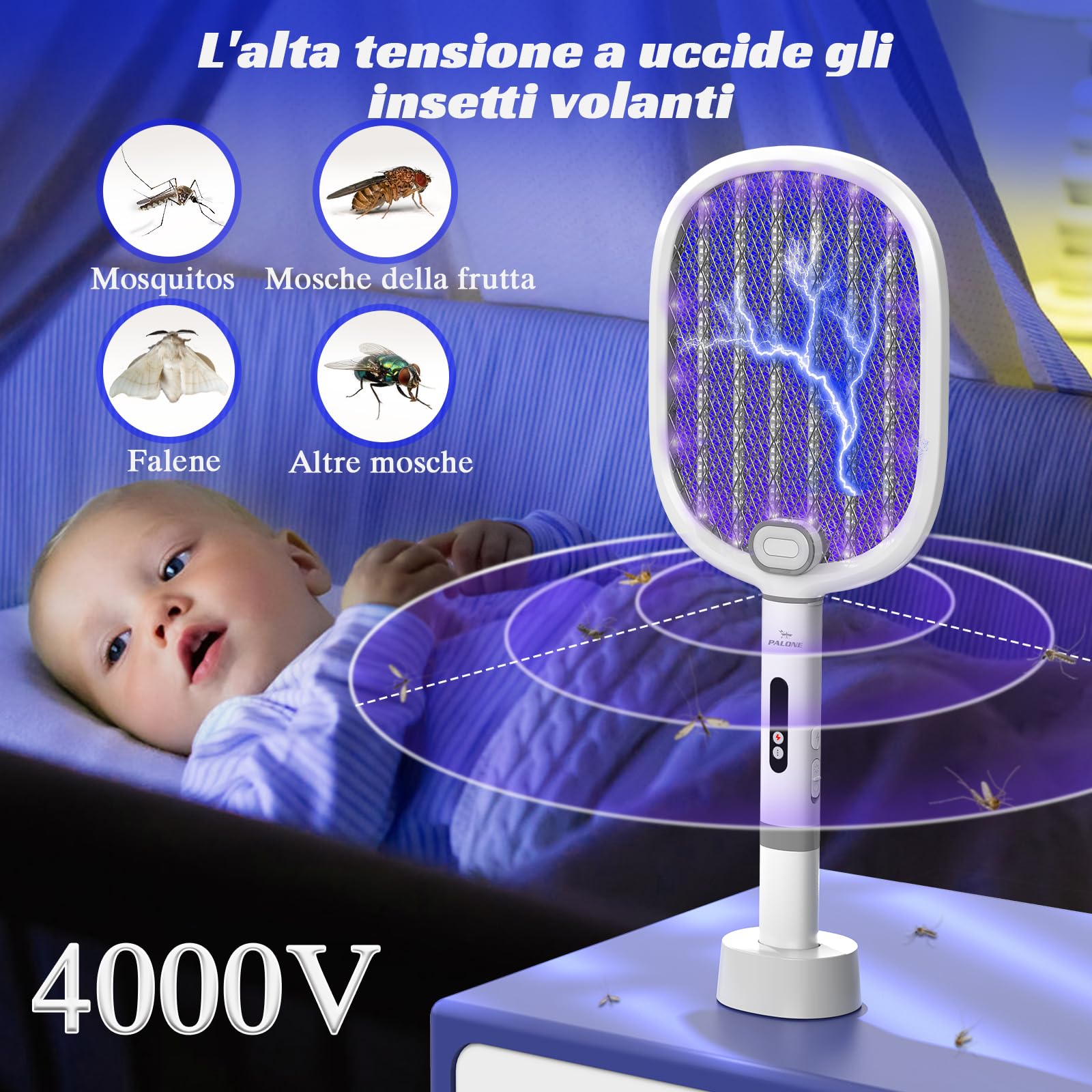 PALONE Racchetta Zanzare Elettrica 4000V con 2 Type-C, Portatile Ricaricabile 1800mAh Scacciamosche Elettrico Rimovibile, Notte LED & Base di Ricarica USB C