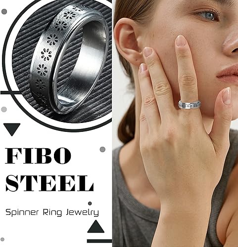 Miniatura 2 de FIBO STEEL Anillo giratorio de acero inoxidable para mujeres y hombres, anillos de banda para la ansiedad, luna y estrella, flores, juego de anillos