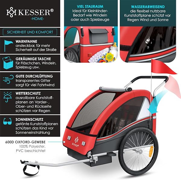 KESSER® Sport-RX - Rimorchio per bicicletta 2 in 1, per chi fa jogging, per bambini + cintura di sicurezza a 5 punti, rotella anteriore orientabile a 360°, da 1 a 2 bambini, massimo 40 kg - 3