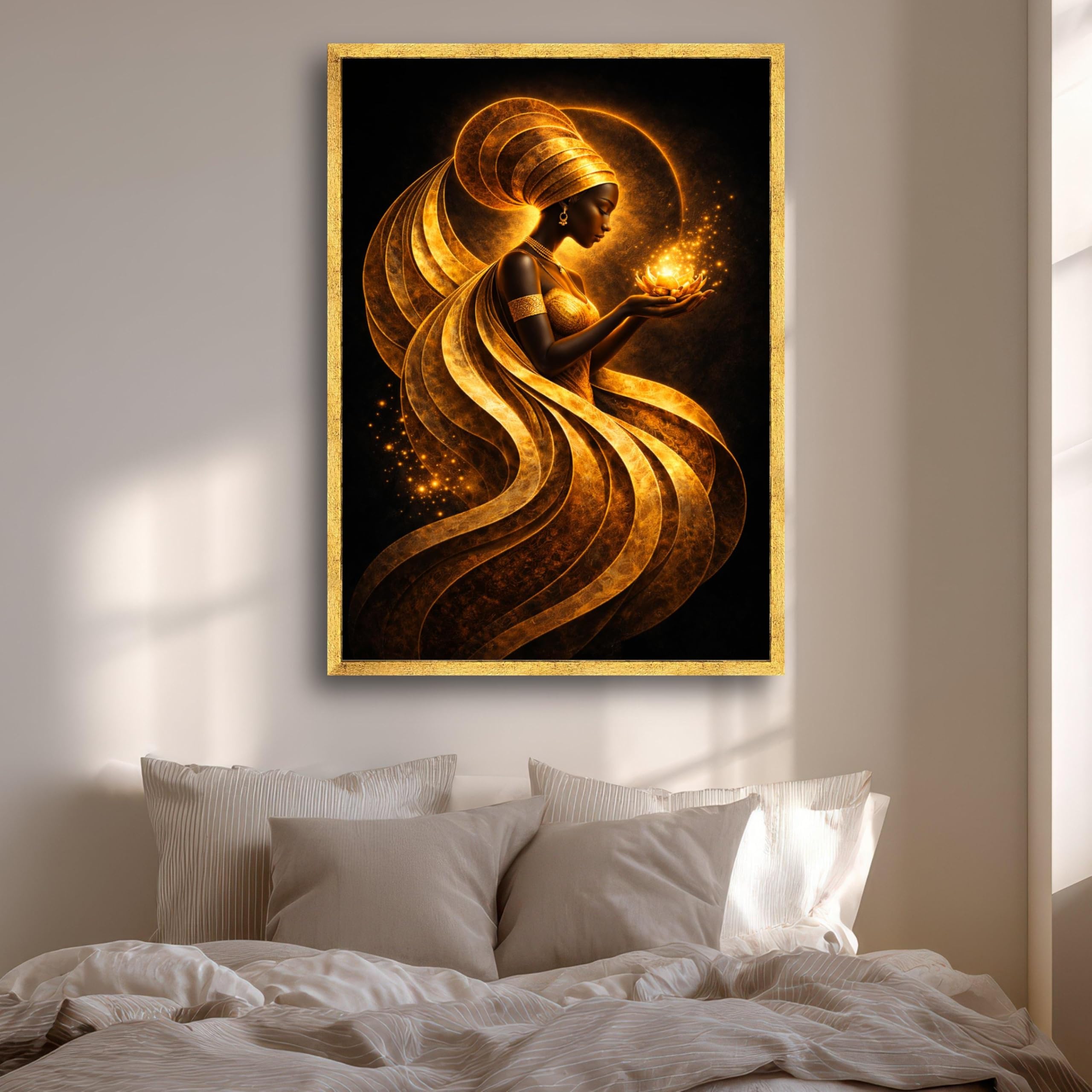 African Woman Canvas Art, Golden Female Portrait Posters and Prints, Spiritual Woman Oil Painting, Bedroom Wall Artwork(60x90cm/Frameless)