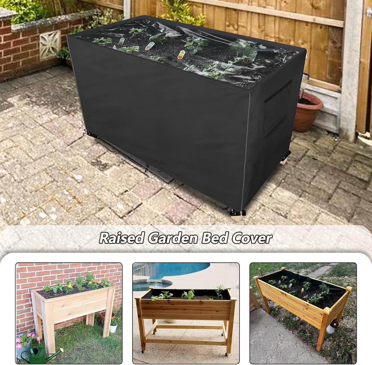 Outdoor Raised Garden Bed Winter Cover with Transparent PVC Top Window,Waterproof Heavy Duty Covers with Split Zipper for 48 x 24 x 30 inch Elevated Wood Planter Box Stand(Black,Cover only)