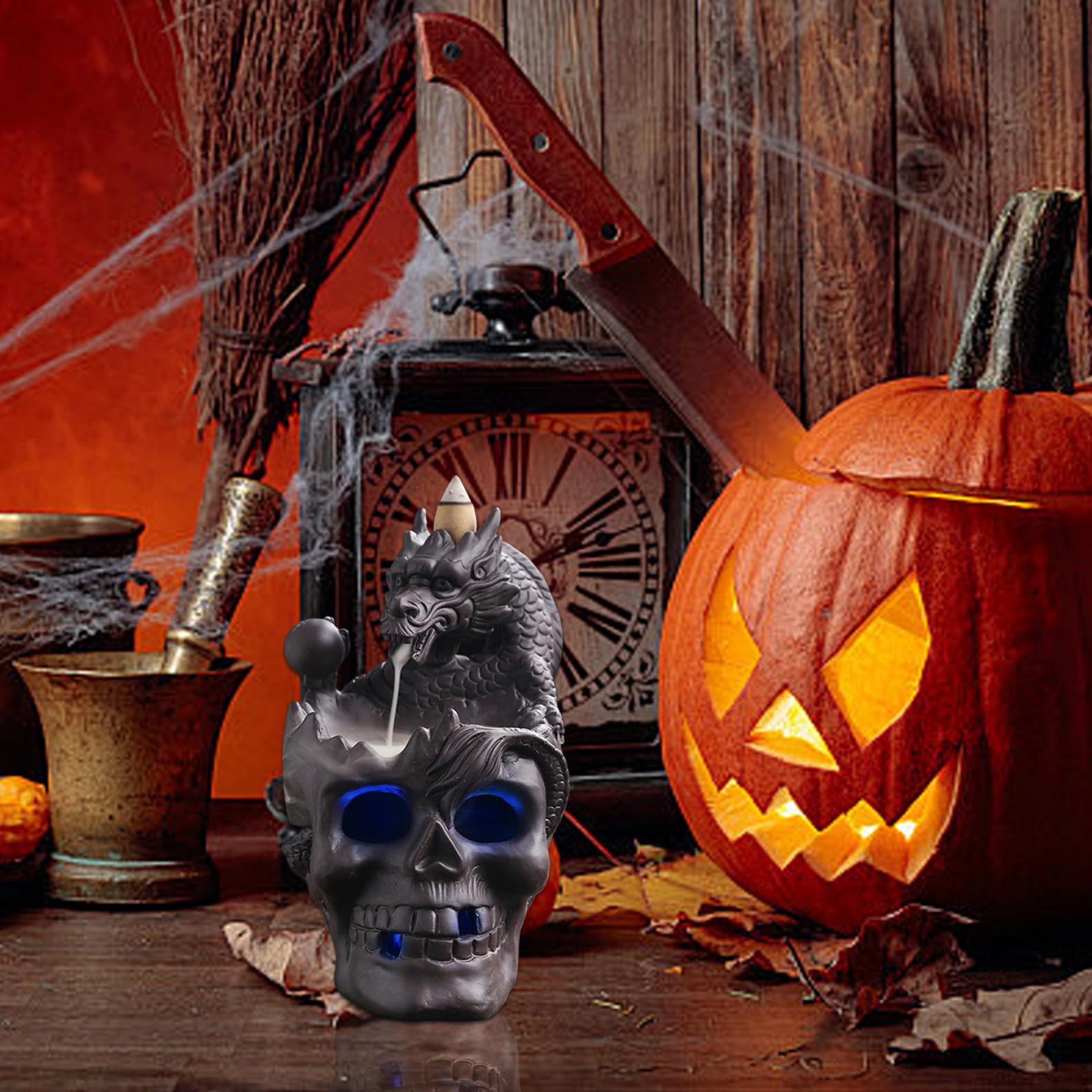 Porta di incenso del cranio Dragon Dragone Deterino incenso di Halloween Waterfall Desktop in ceramica LED per coni e bastoncini ..