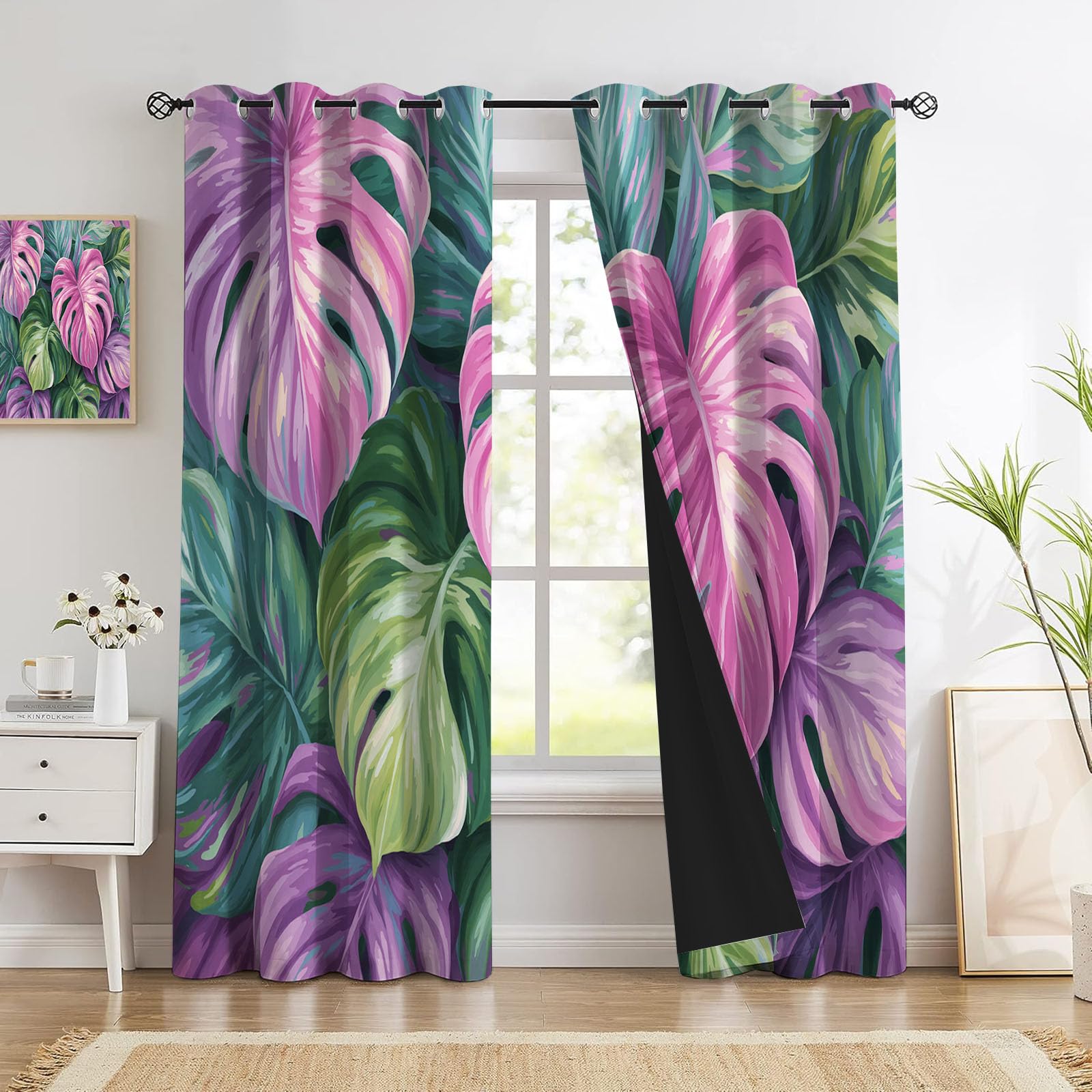 Rideau plante tropicale de reve monstera rose pour decoration salon cocooning contemporain