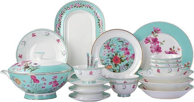 Fine Bone China Dinnerware Set,Porcelain&Ceramic Dinnerware Sets,Bone Stoneware & Ceramic Cookware Tableware Set Includes Dinner Plates|Spoons|Pasta Bowls|Soup Pot|Chopsticks 80PCS * 12-Person Set