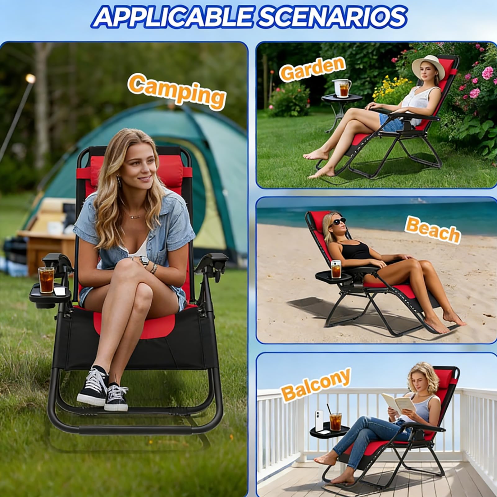 Sdraio Pieghevole, Relax Giardino Sedia Gravità Zero con Cuscino, Sdraio Lettino Prendisole Richiudibile, con Struttura in Acciaio e Poggiatesta Rimovibile, per Giardino Terrazza, Carico 150kg