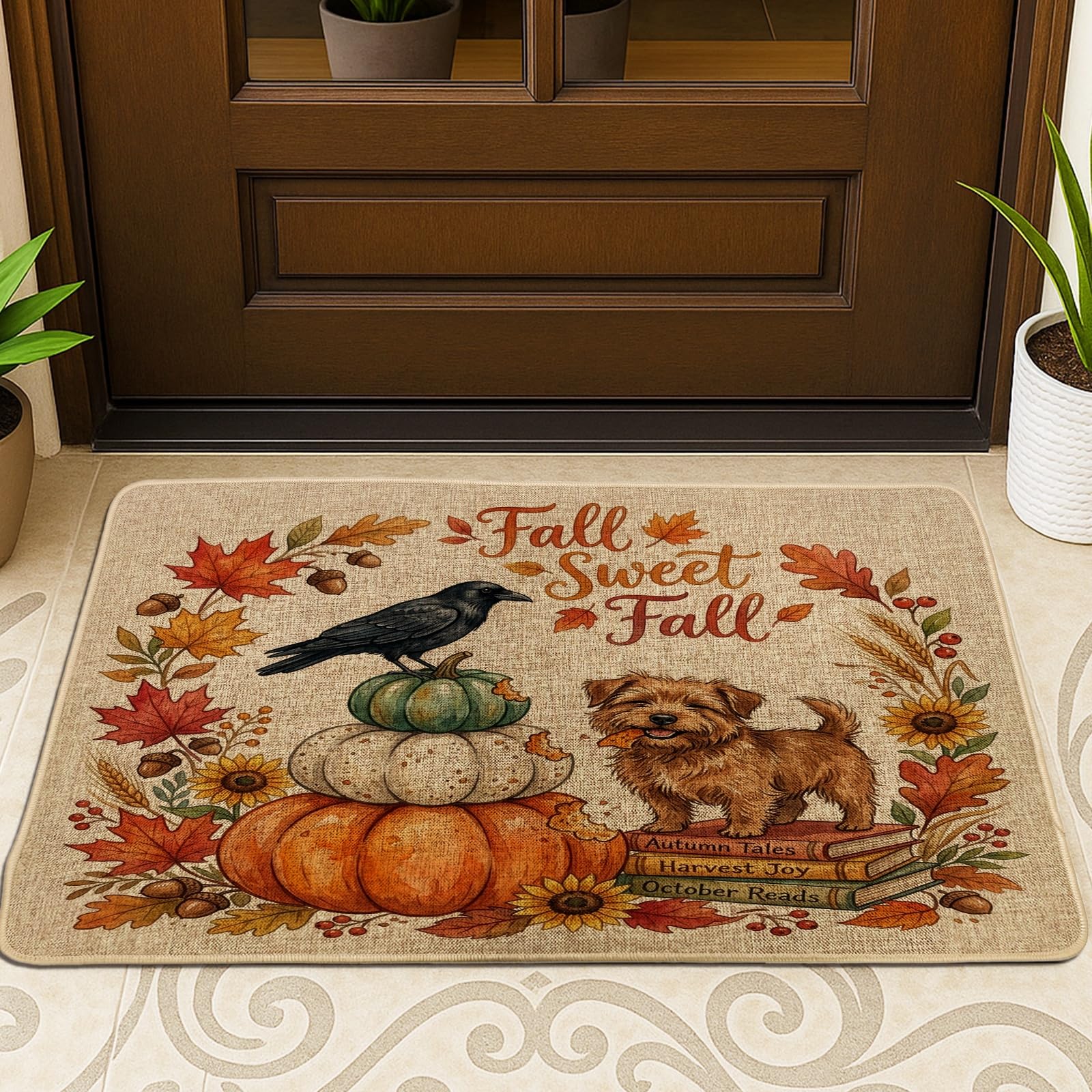 Tapete para puerta exterior Norfolk Terrier negro, 29 x 17 pulgadas, diseño de calabazas