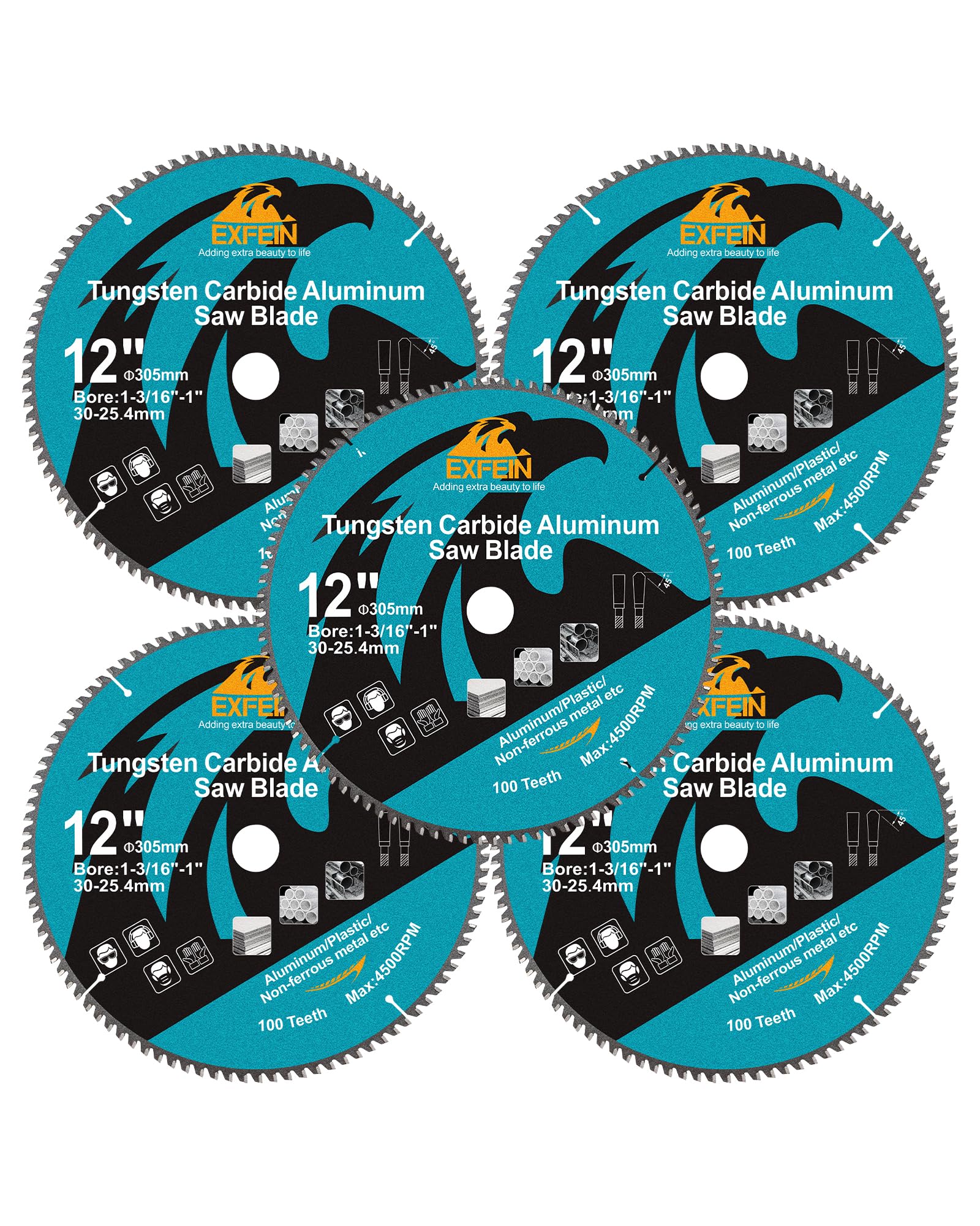 EXFEIN 305mm Aluminum and Non-Ferrous Metal Cutting Disc with Bore 30mm, 100 TCG Teeth Fine Cutting for Metal & Plastic Pack of 5