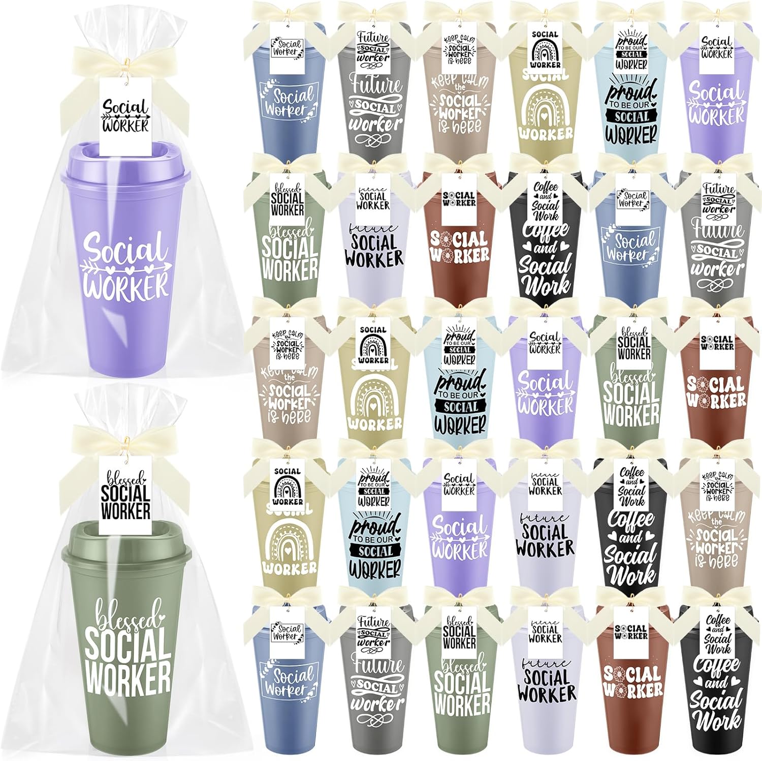 Hushee 30 Sets Social Worker Appreciation Gifts Bulk, 16oz Reusable Plastic Coffee Tumbler Cup with Lid Thank You Card Bag for Social Work Month Coworker Employee Staff Team Volunteer(Thanks)