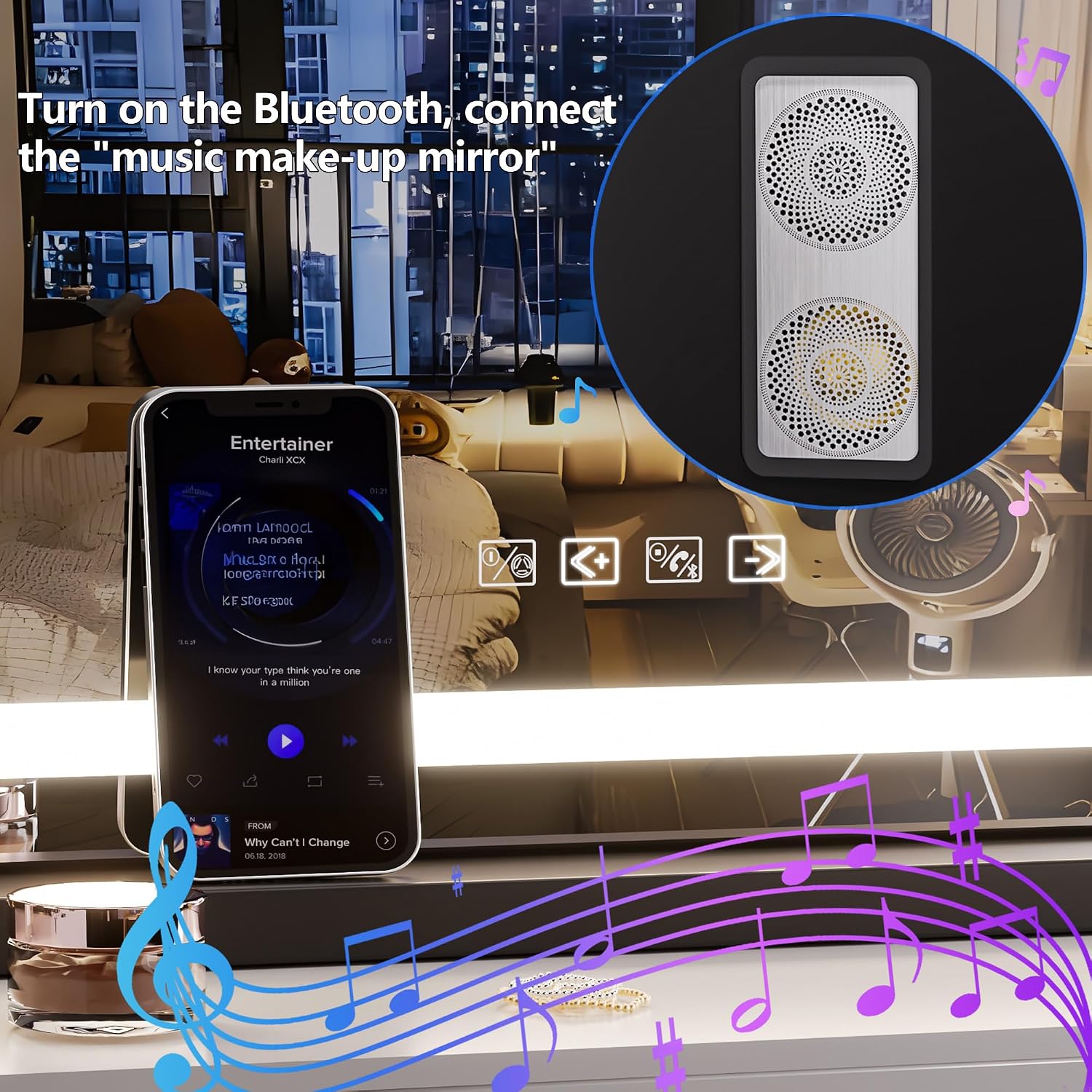 Hasipu Vanity Mirror with Lights and Bluetooth Speaker, 32" x 21.7" LED Makeup Mirror, Lighted Makeup Mirror with Dimmable 3 Modes, USB Charging Port, Round Black image 2