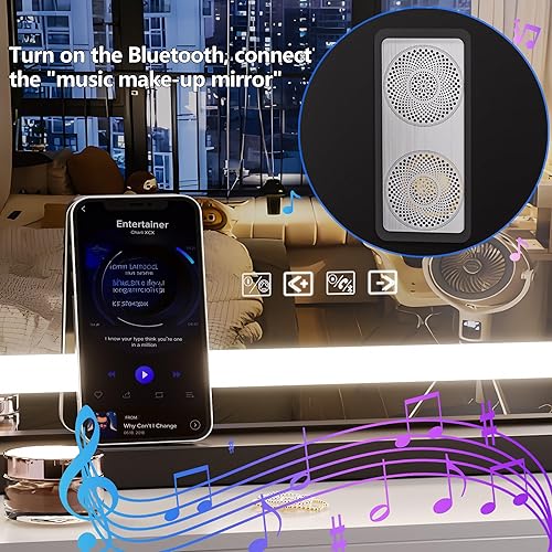 Miniatura 2 de Hasipu Espejo de tocador con luces y altavoz Bluetooth, espejo de maquillaje LED de 32 x 22 pulgadas, espejo de maquillaje iluminado con 3 modos
