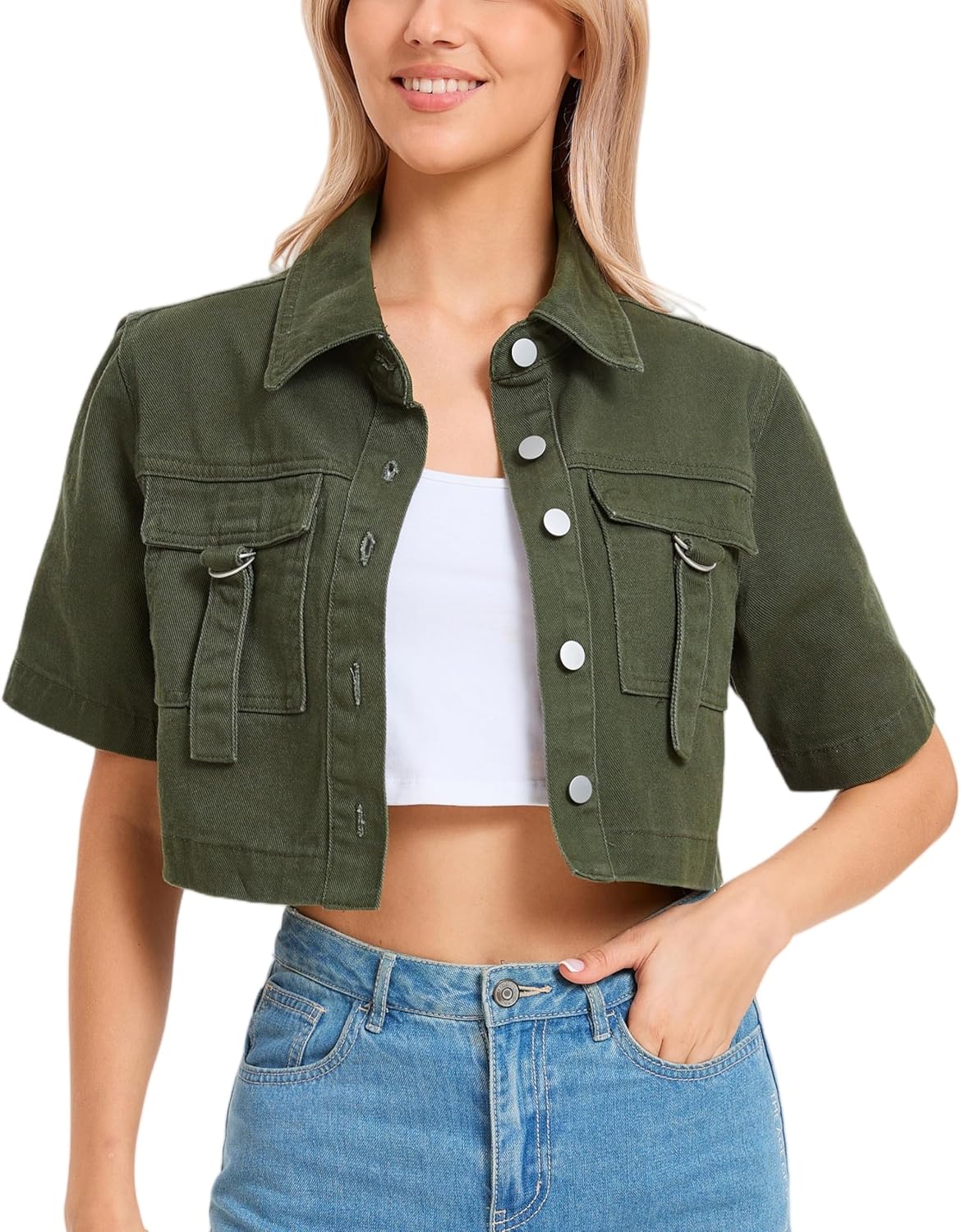 Ladyful Short Sleeve Denim Jacket for Women Lightweight Cropped Trendy Button Down Jean Jacket Trucker Coat