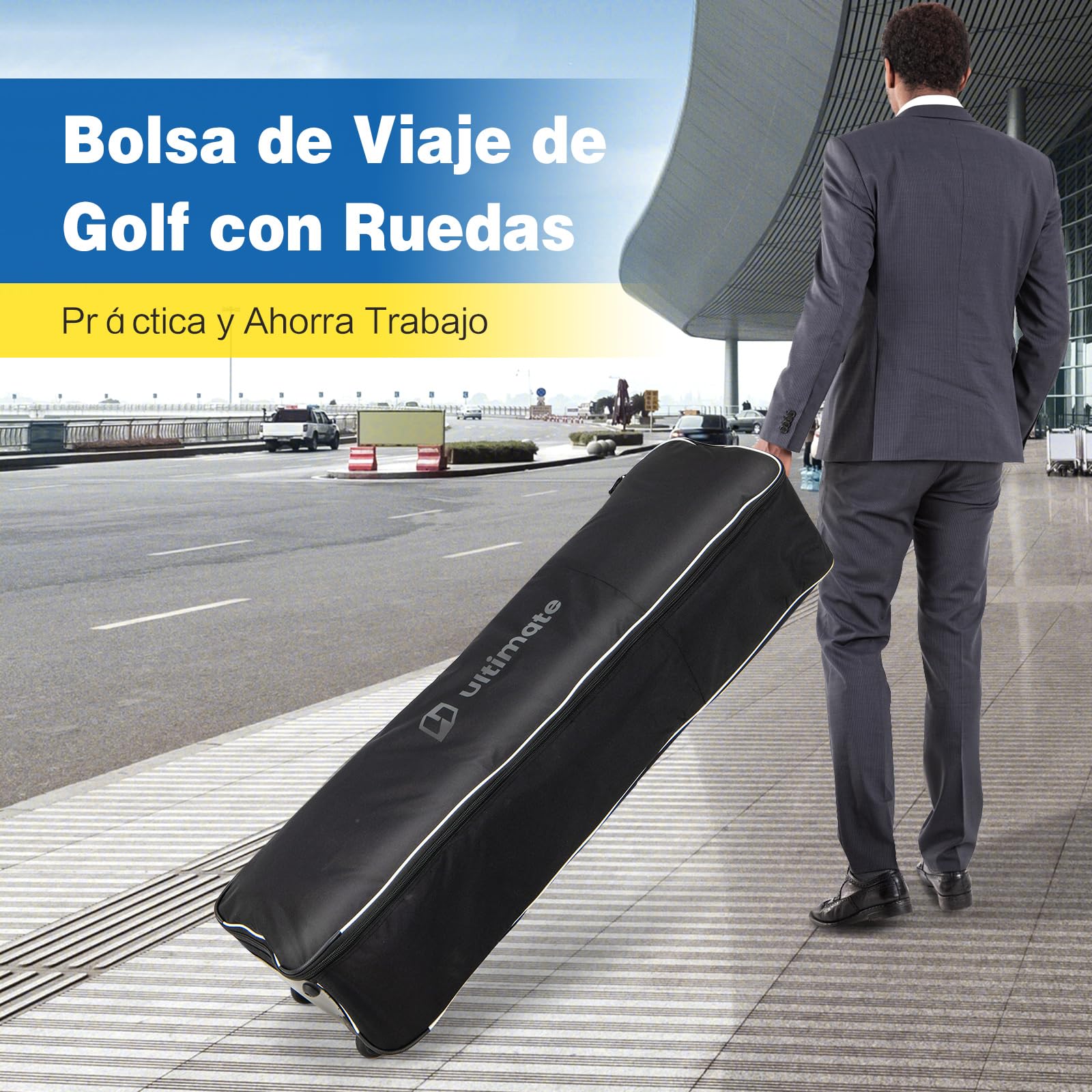 COSTWAY Bolsa de Viaje de Golf con Ruedas, Tejido Oxford Resistente con Tarjetero, Cremallera de 2 Vías y Cerradura, Funda de Viaje Plegable y Portátil para Palos de Golf con Asas