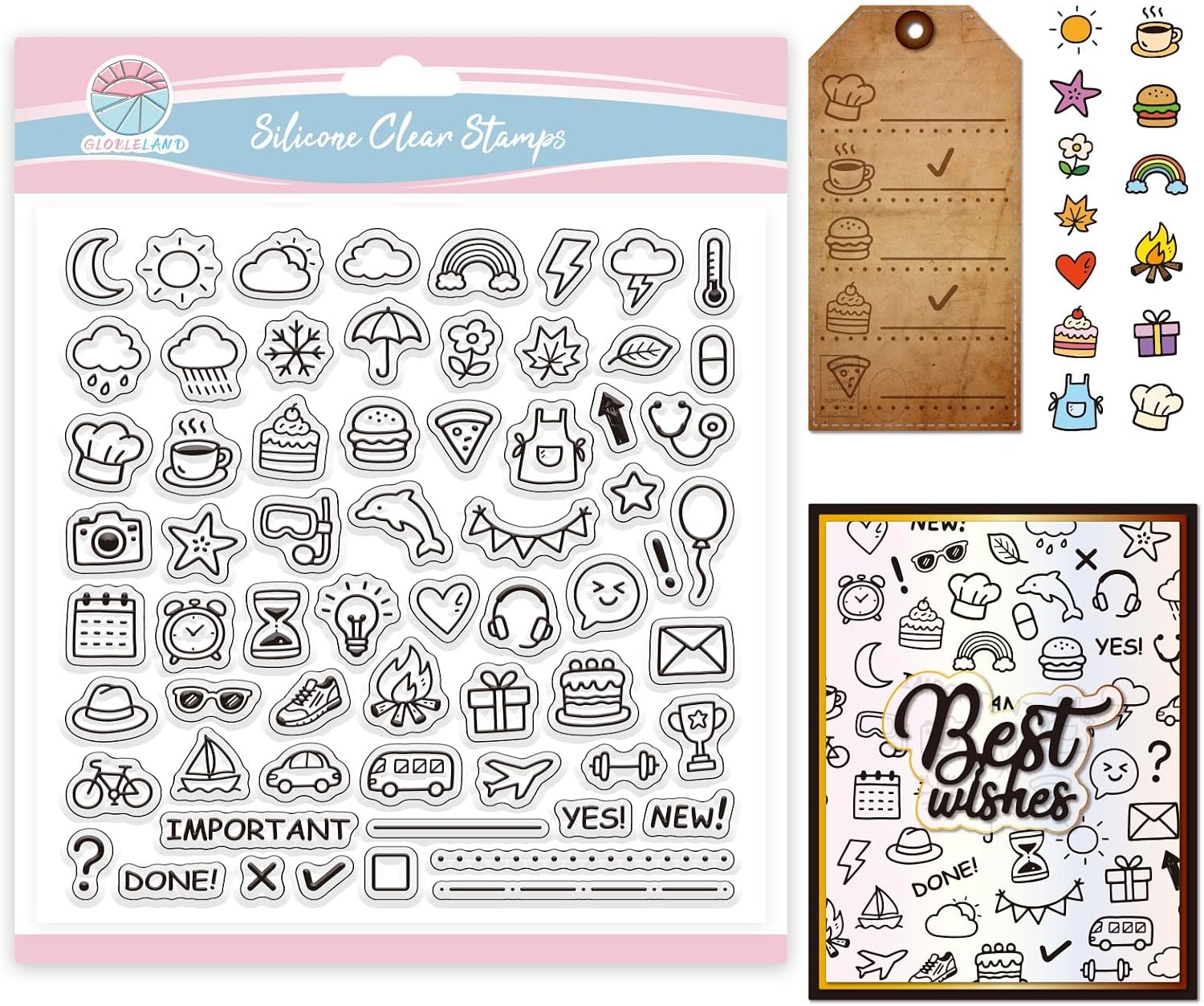 GLOBLELAND Daily Decorative Icons Clear Stamp for Scrapbooking 5.9x5.9 Zoll to-Do List Silicone Stamps Weather Plants Food Transparent Stamp for Card Making DIY Embossing Journaling