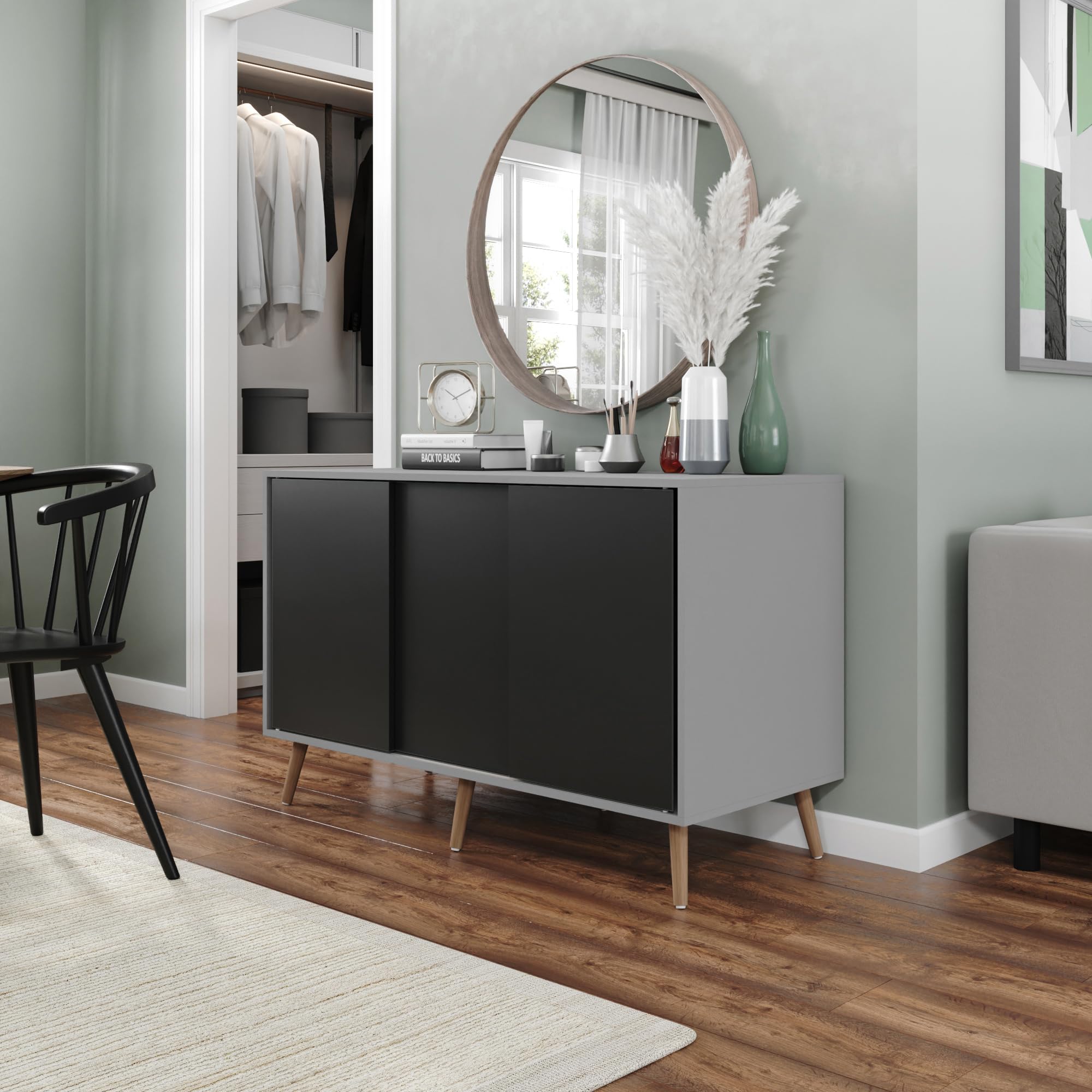 URBNLIVING 3-Door Sliding Sideboard Cabinet with Wooden Legs, Modern Cupboard, Credenza for Living Room, Dining Room or Office, Storage Organizer with Stylish Sliding Doors, Mix & Match Colour Combos